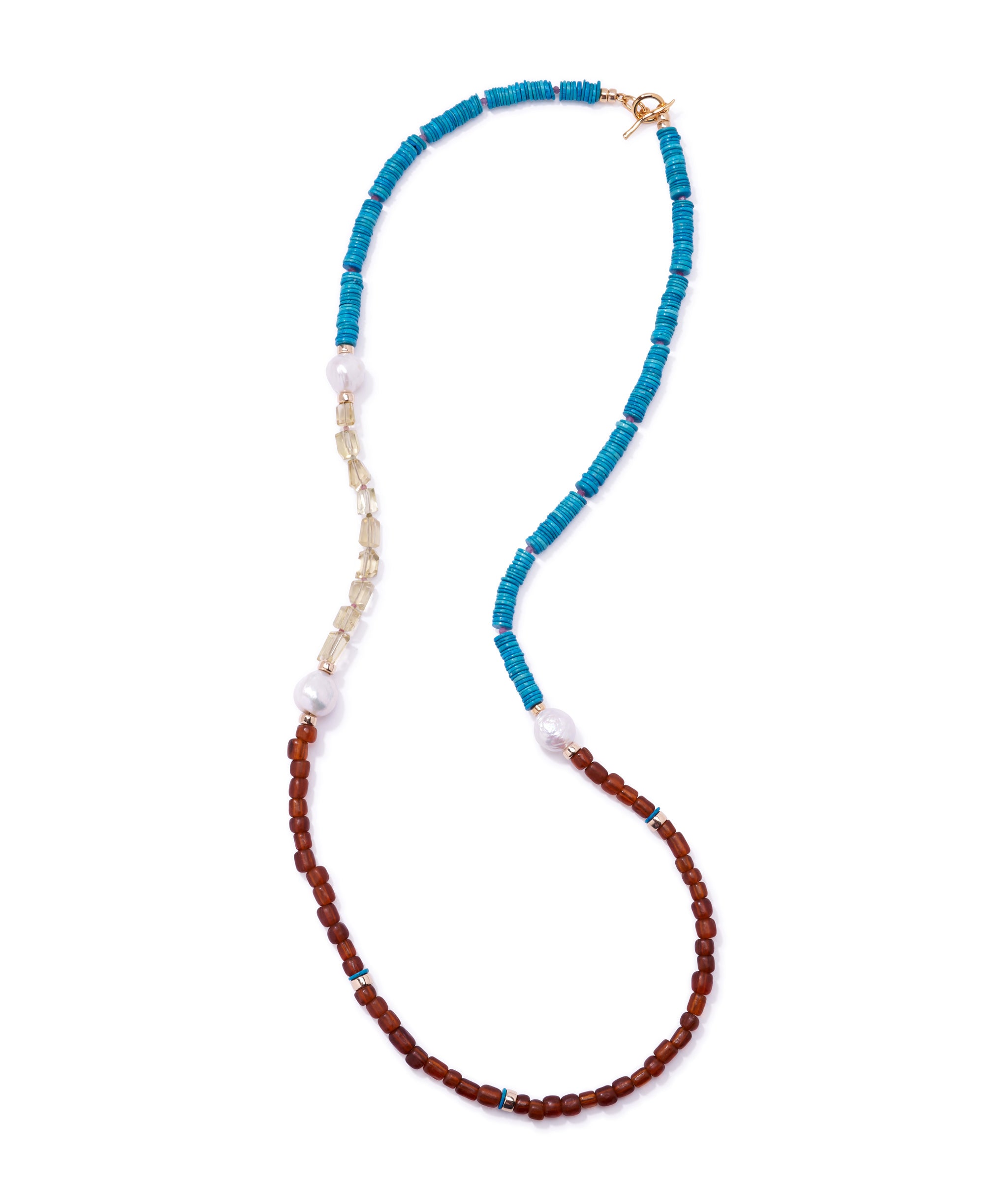 Cabana Necklace in Lagoon. Long single strand of color-blocked beads in blue howlite, amber glass, and lemon quartz