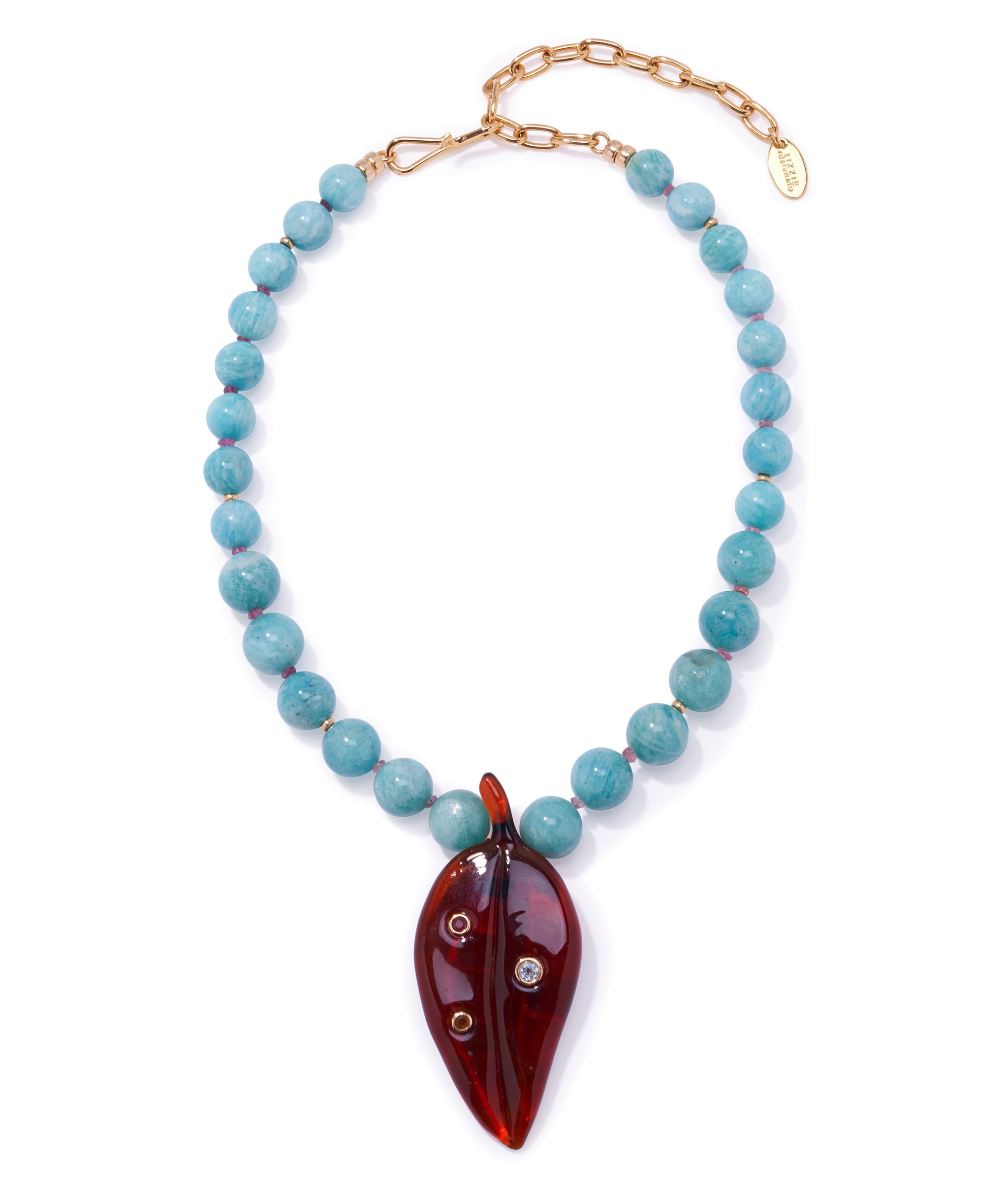 Vinca Leaf Necklace. Amazonite round beads with tourmaline accents and brown glass leaf pendant inset with stones