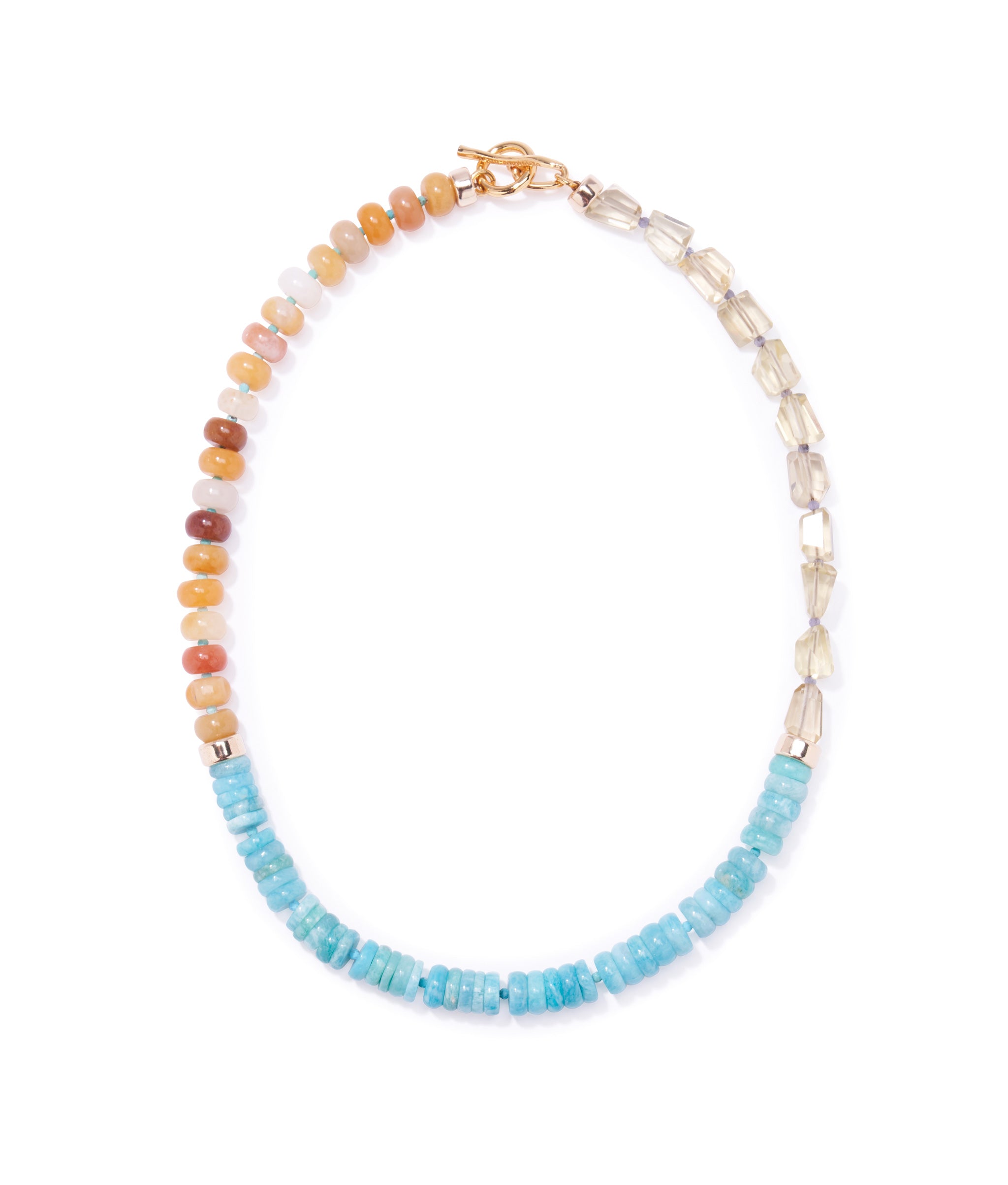 Chama Necklace in Seaside. Single-strand of color-blocked beads in lemon quartz, yellow aventurine and aqua amazonite.