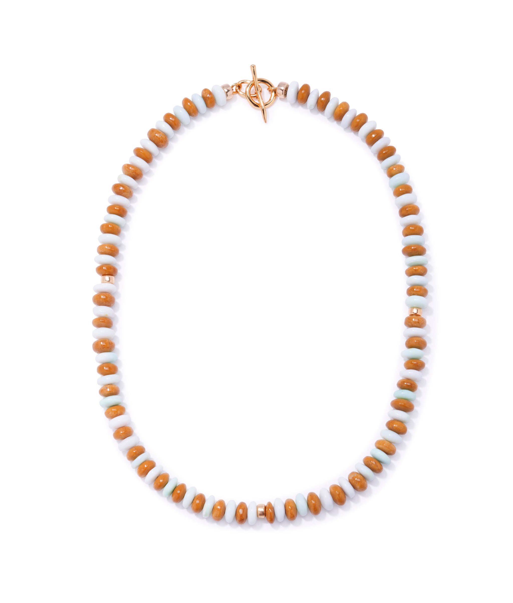 Moritz Necklace. Single strand of alternating blue opal and brown jasper beads with gold-plated brass toggle closure.
