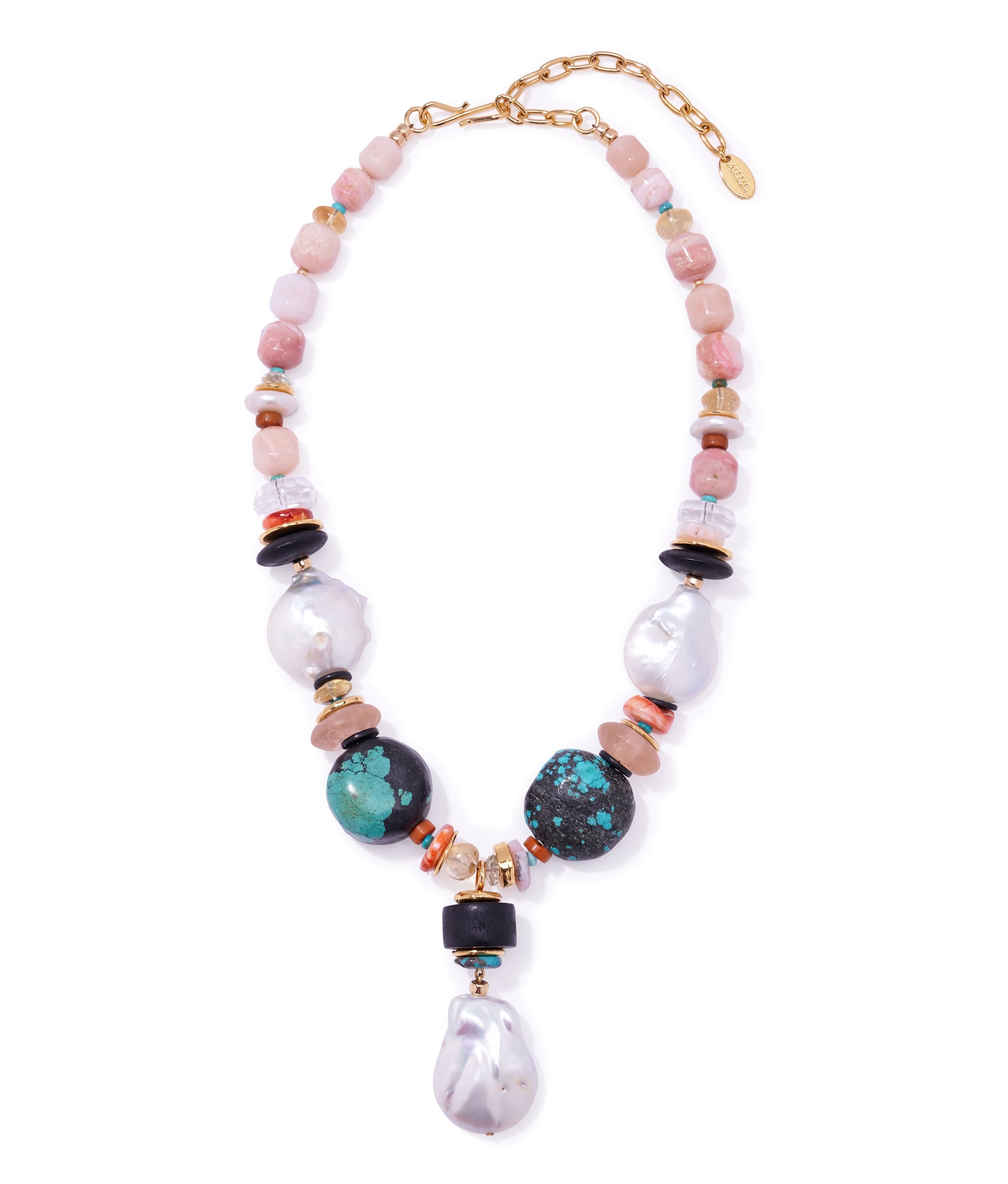 Forms in Nature Necklace. With beads in pink opal, pearl, turquoise, quartz, wood, bone, glass, green amethyst, and gold