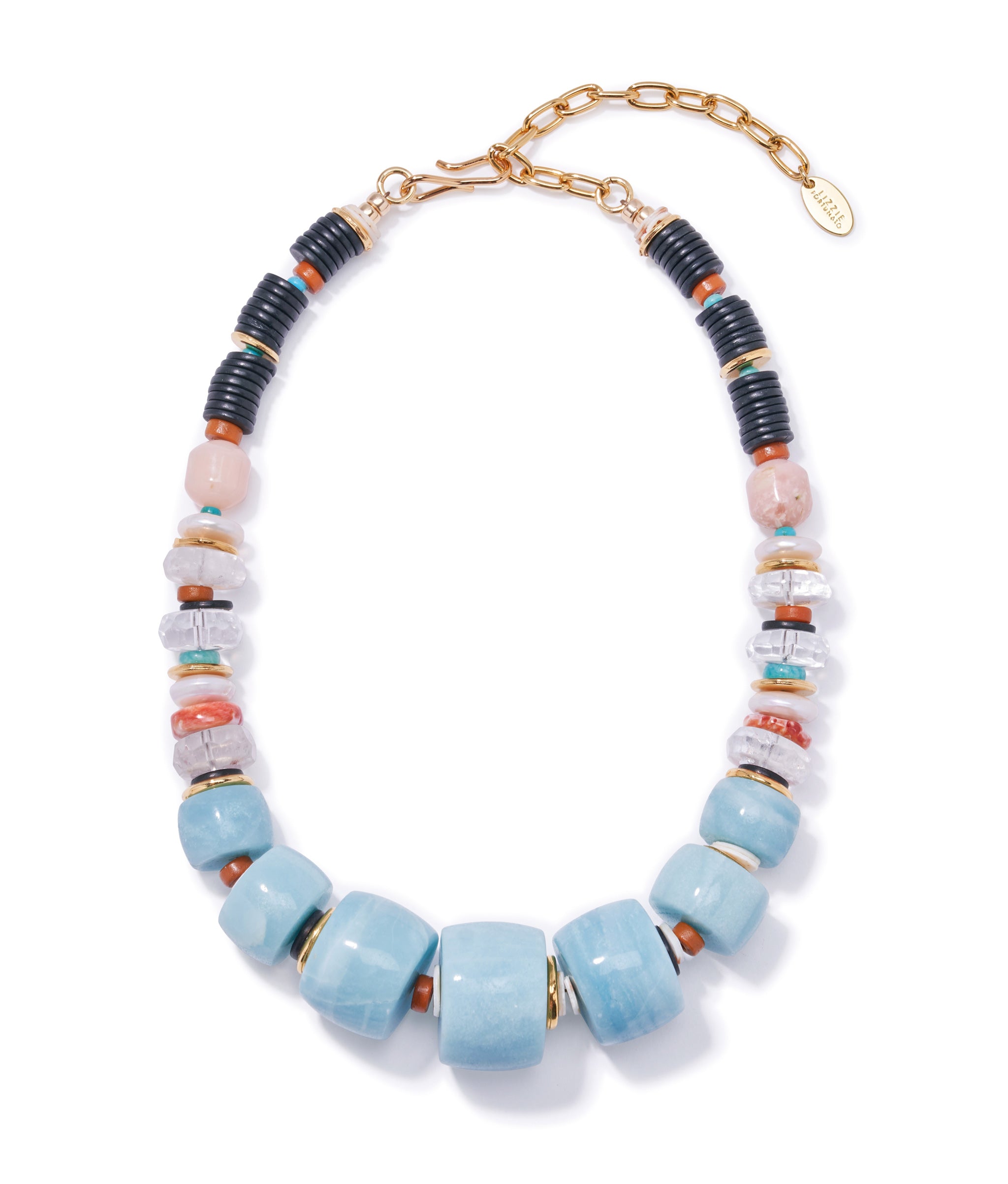 Regal Garden Necklace. Chunky graduated beads in shell, glass, pink opal, pearl + turquoise with amazonite focal beads