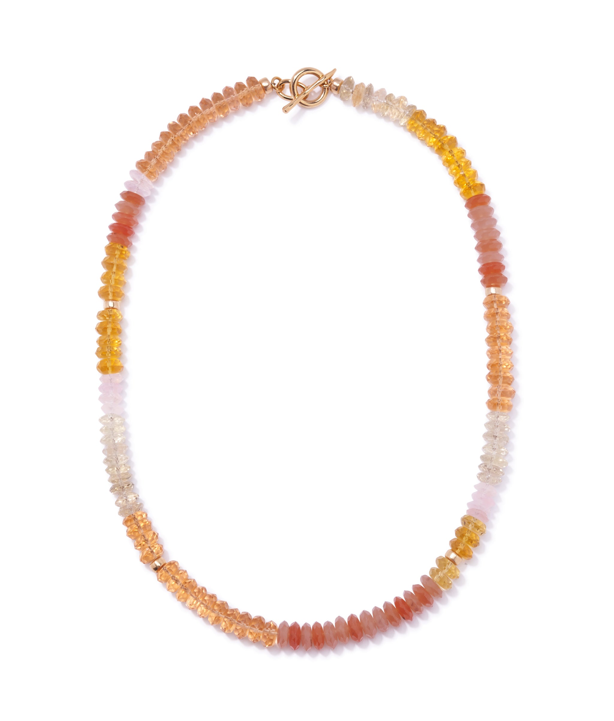 Selena Necklace in Sunrise. Single strand necklace of small faceted quartz beads in orange-pink ombre colors.