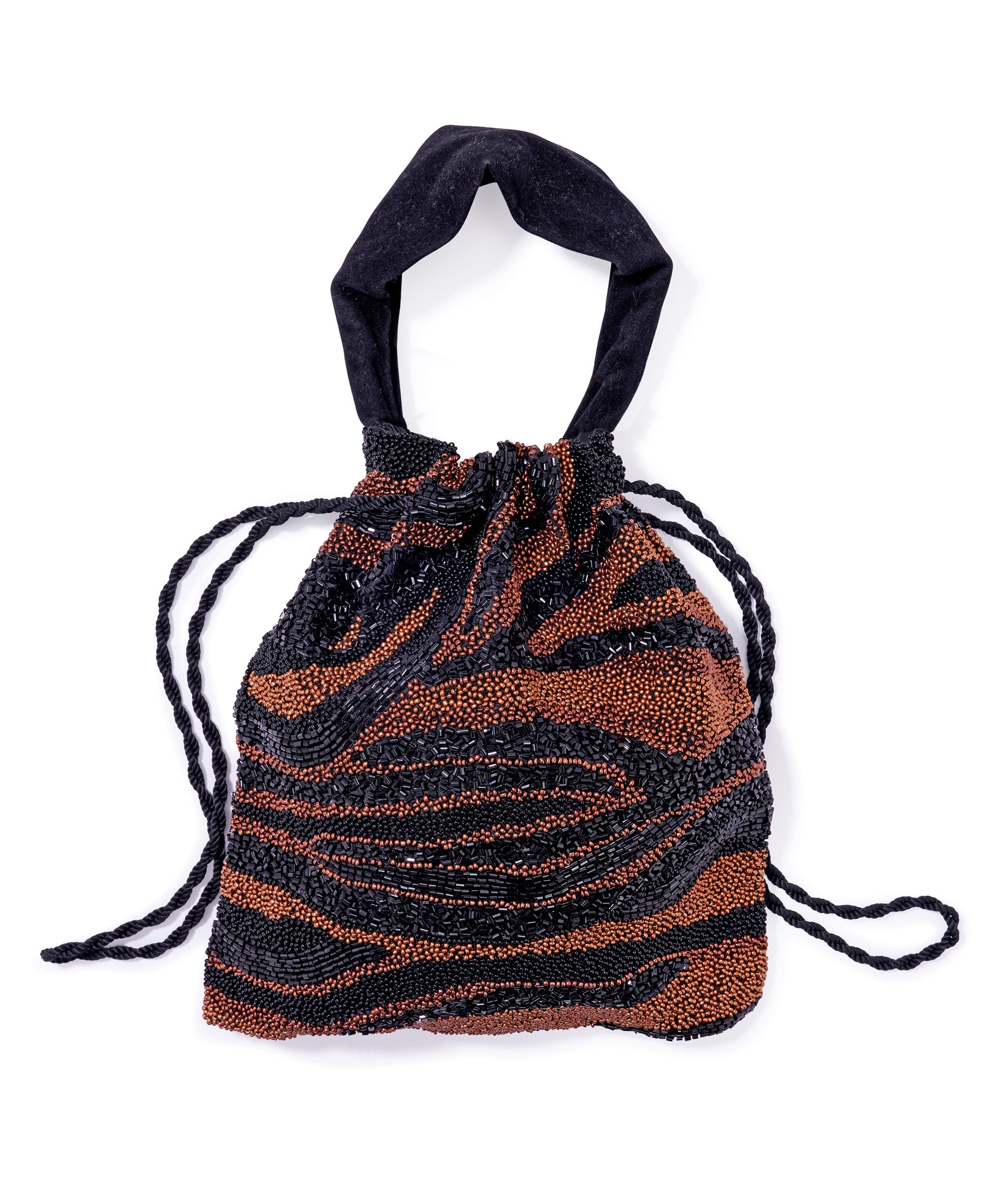 Gala Bag in Black and Brown Zebra. Beaded evening purse with zebra-print, twist cord closure and black velvet handle.