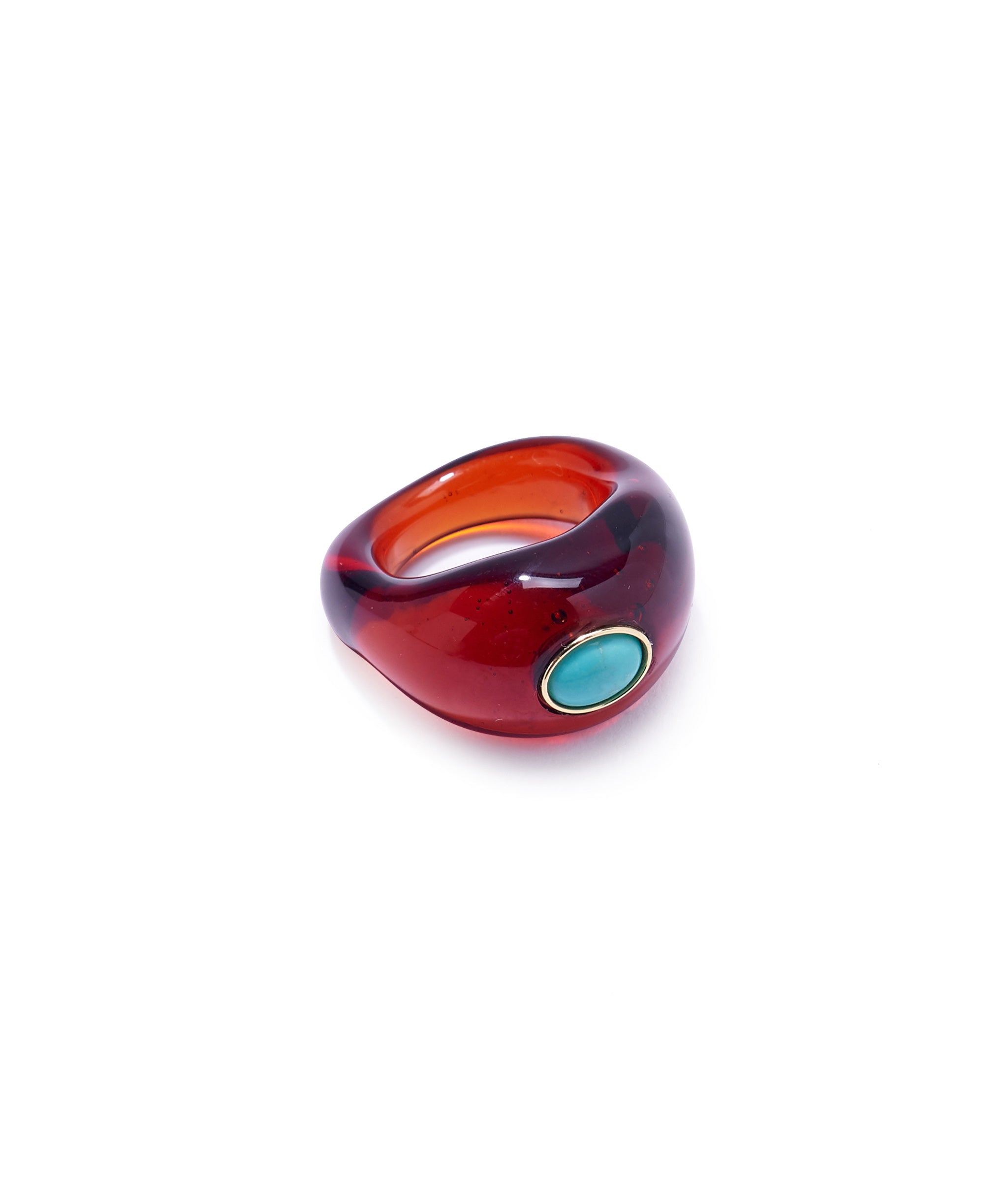 Monument Ring in Chestnut. Orange-y brown glass cocktail ring set with turquoise cabochon.