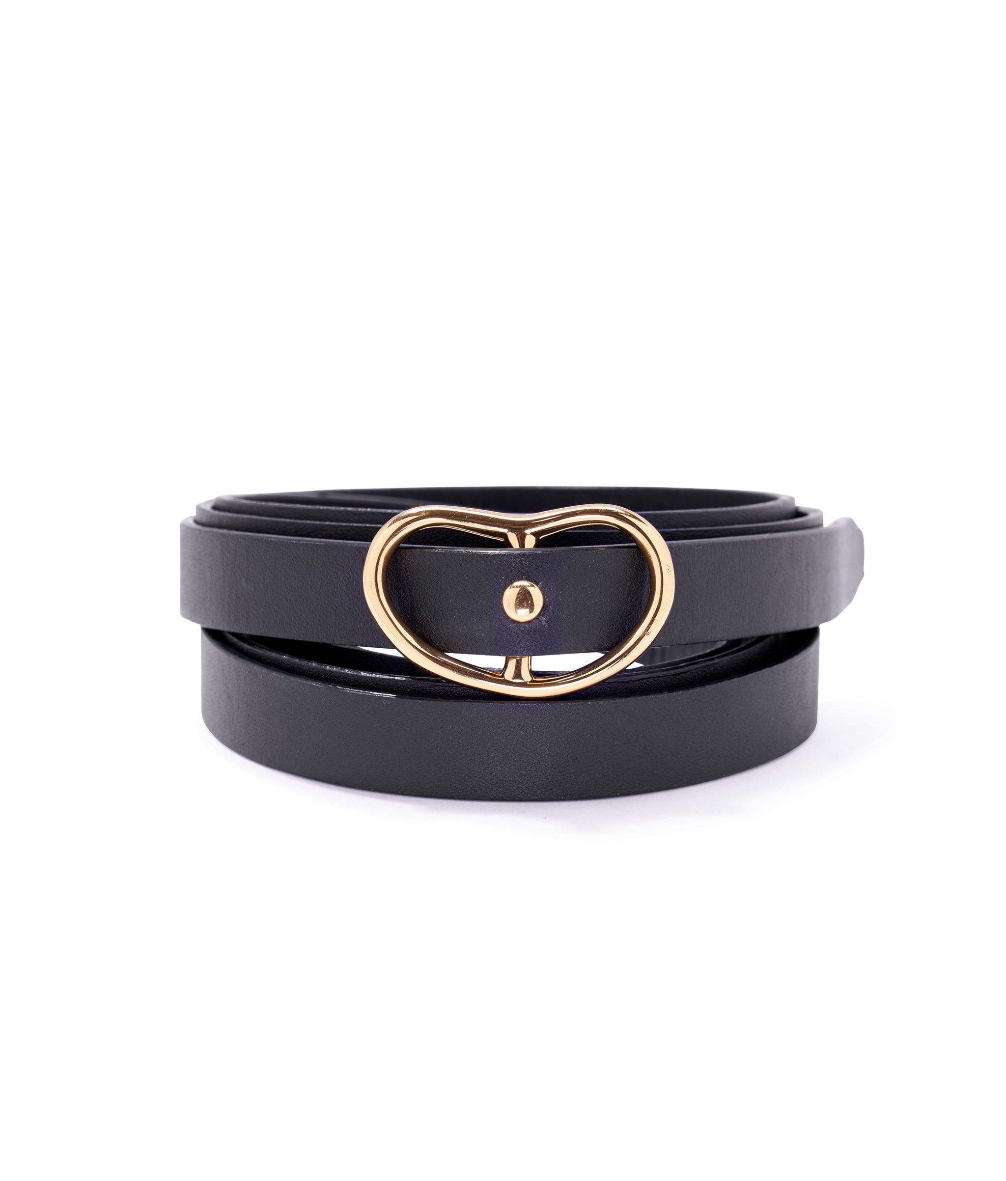 Double Wrap Georgia Belt in Black. Skinny black leather belt with double wrap and kidney-shaped gold buckle