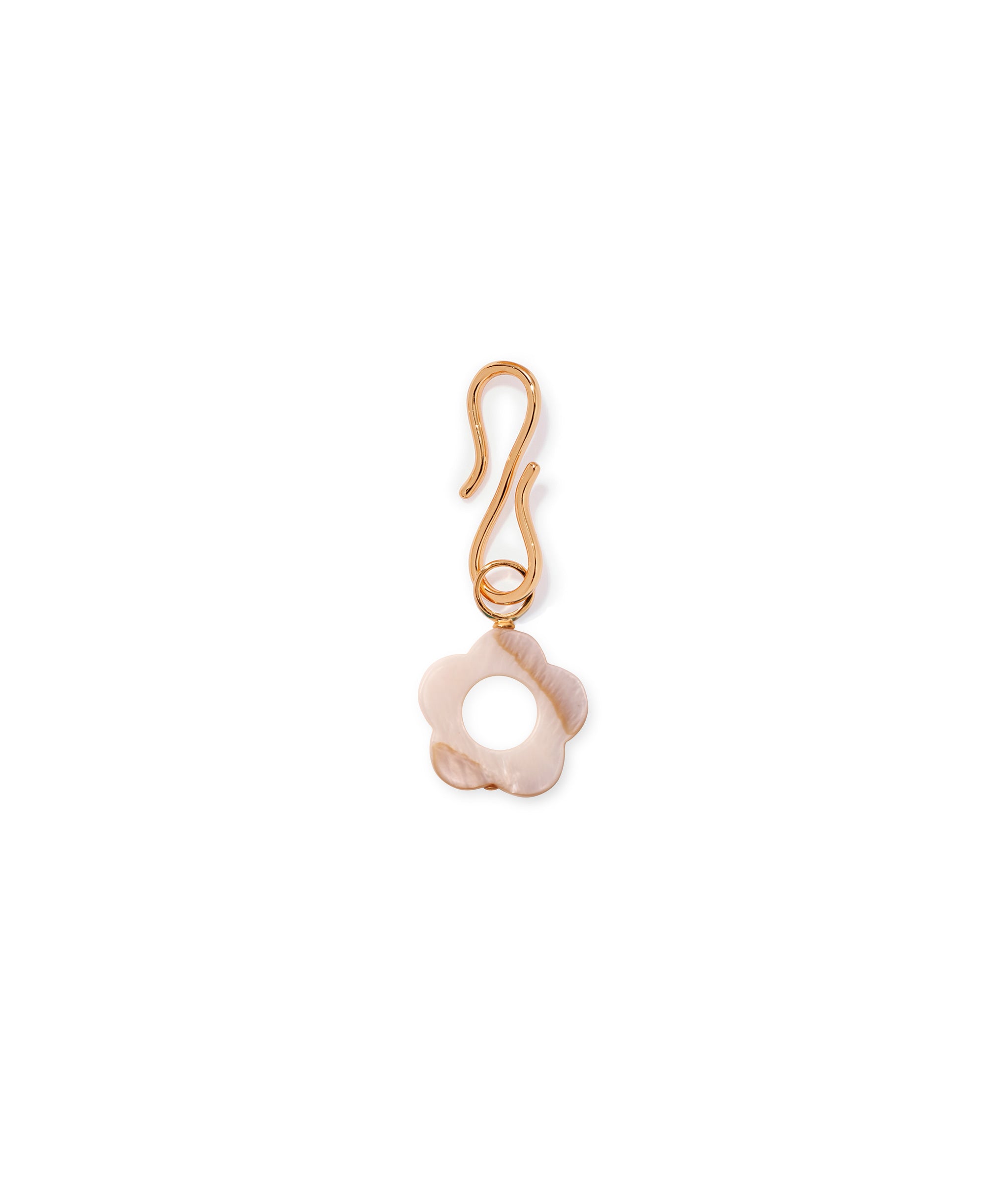 Petal Pusher Charm. Gold-plated s-hook with carved mother-of-pearl flower charm.