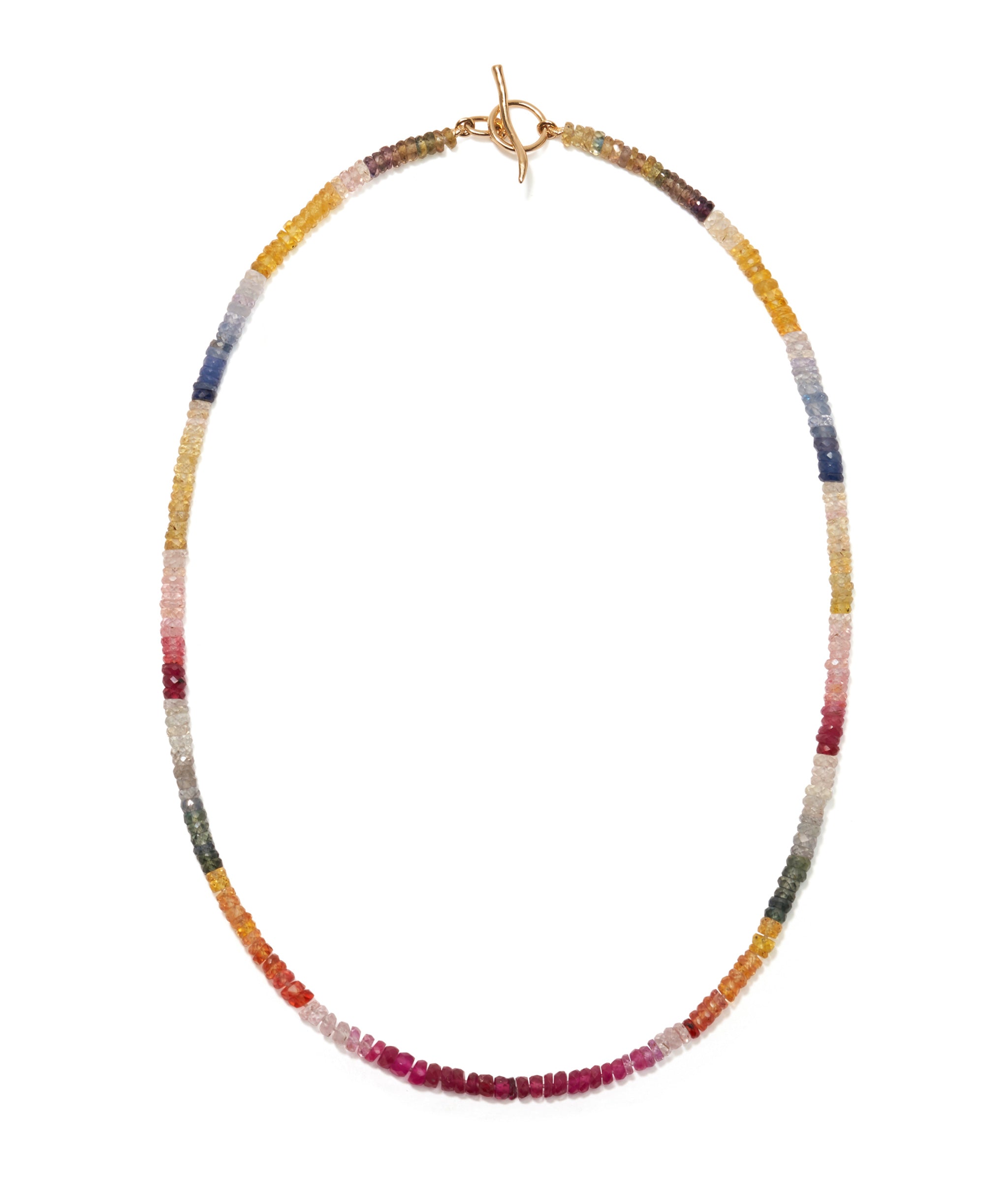 Brilliant Shaded Sapphire & 14k Gold Necklace. Rainbow shaded sapphire beads, 14k gold toggle and ring closure.
