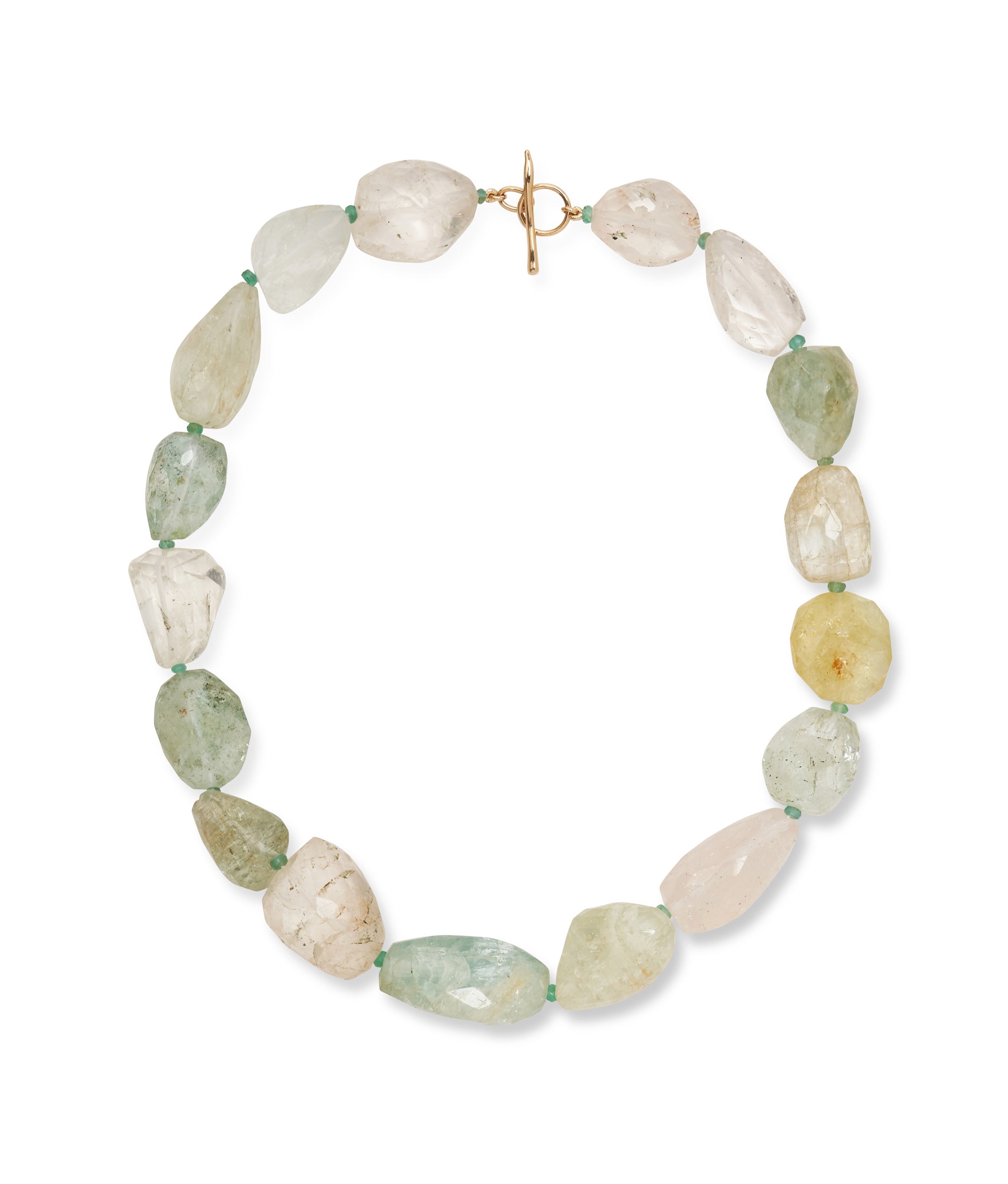 Large Faceted Aquamarine Nugget, Emerald & 14k Gold Necklace. Freeform blue-green nuggets dotted with tiny emerald beads