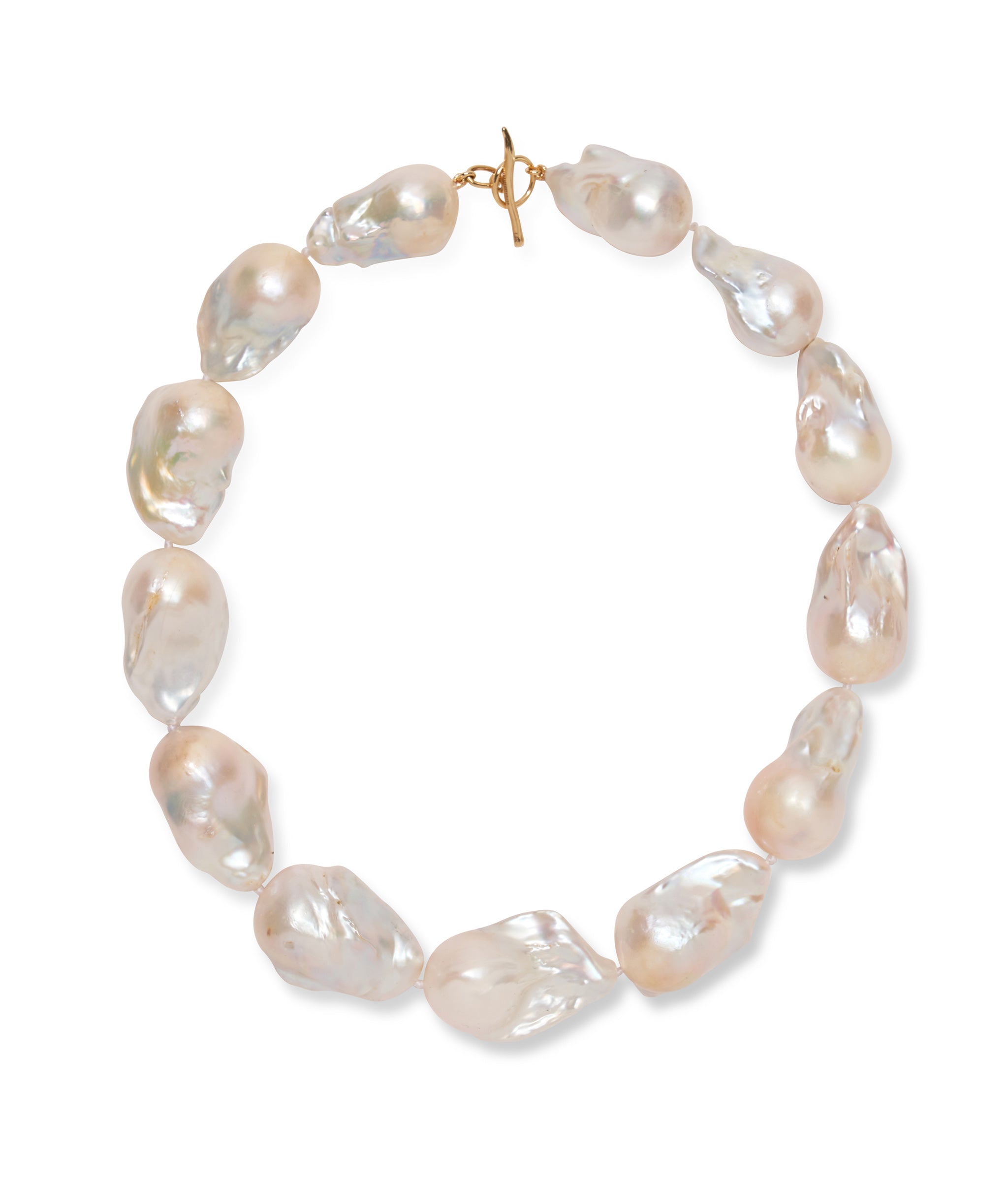 Extra Large White Baroque Pearl & 14k Gold Necklace. Organic-shaped large pearl single strand collar.