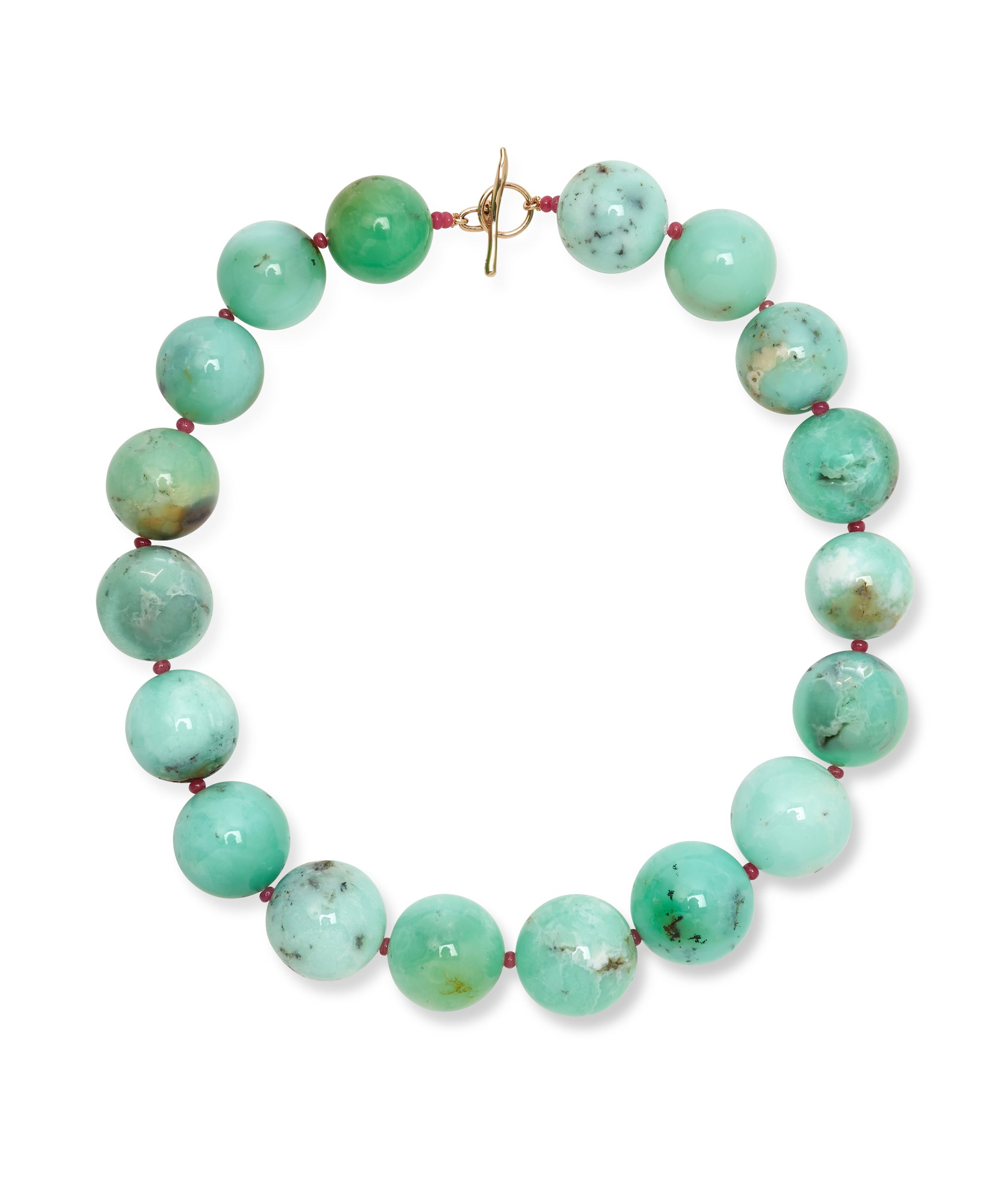 Jumbo Chrysoprase, Ruby & 14k Gold Necklace. Large round blue-green beads with tiny rubies and gold toggle closure.