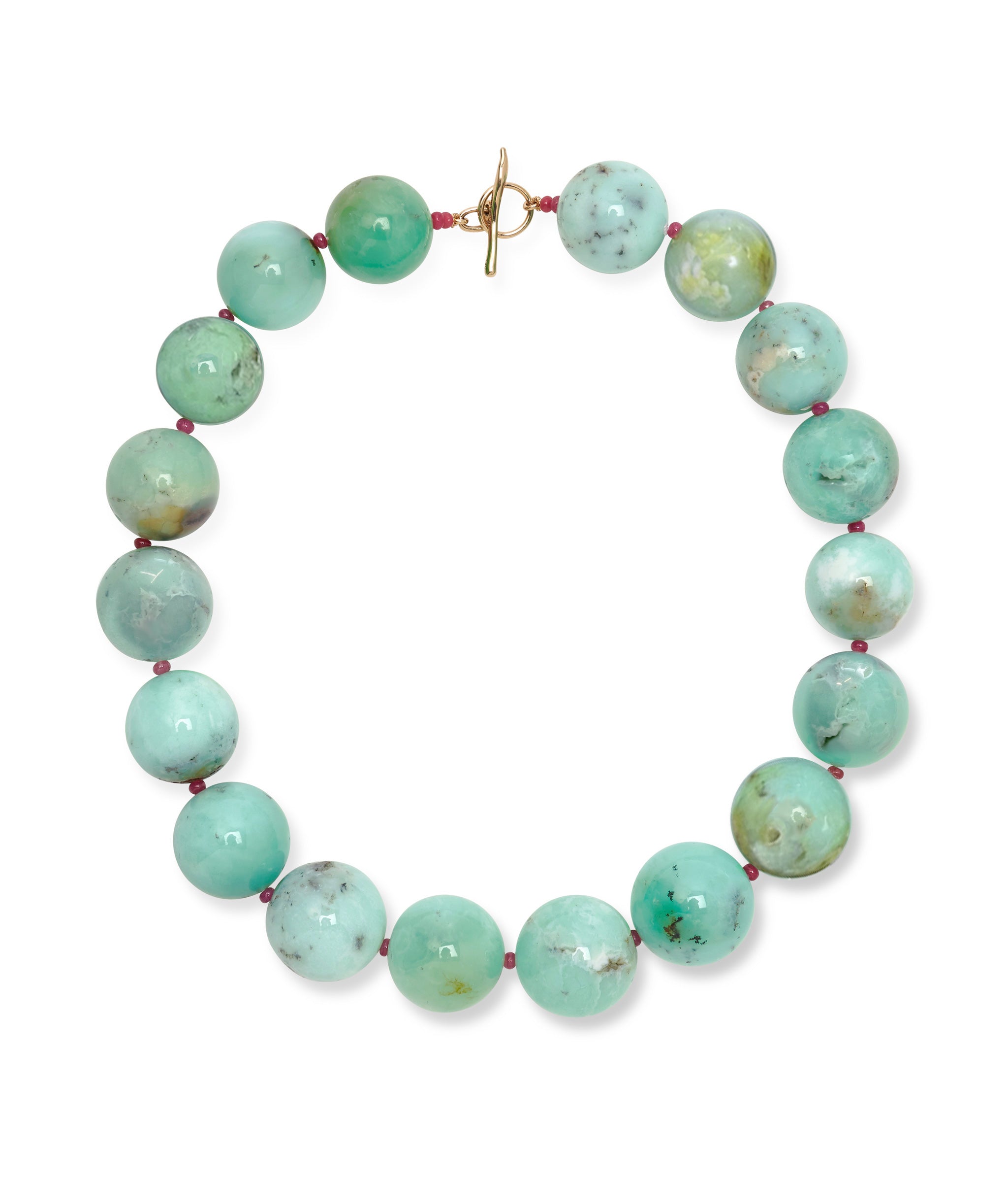 Jumbo Chrysoprase, Ruby & 14k Gold Necklace. Large round blue-green beads with tiny rubies and gold toggle closure.