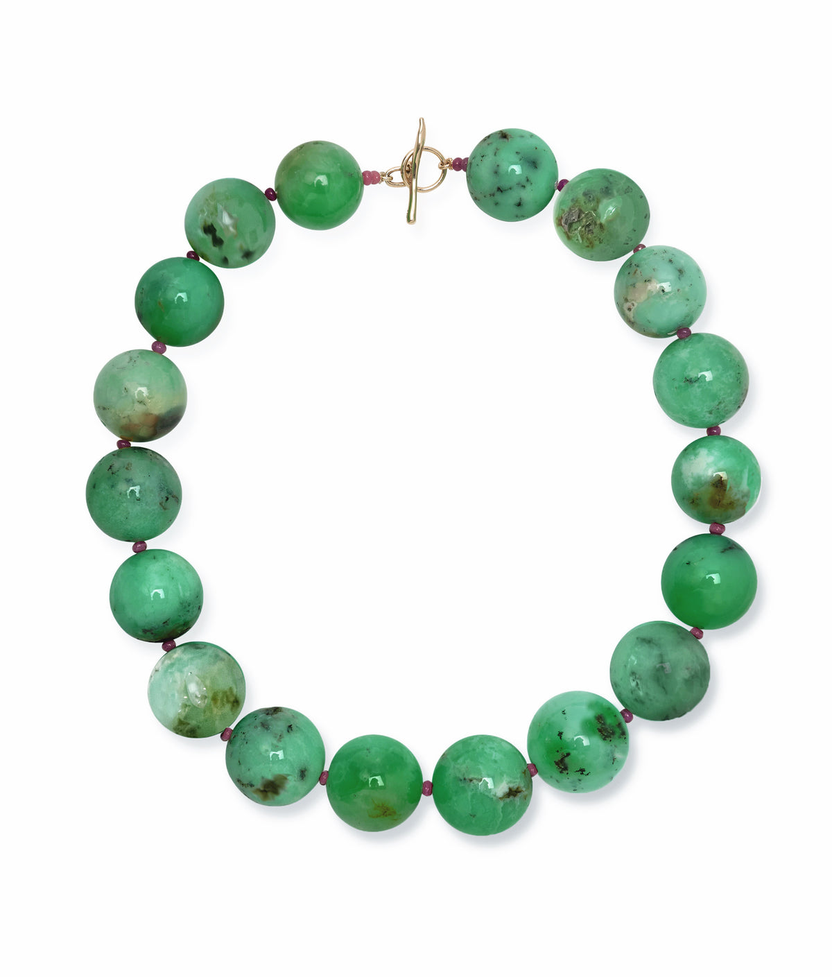 Jumbo Chrysoprase, Ruby & 14k Gold Necklace. Large round blue-green beads with tiny rubies and gold toggle closure.