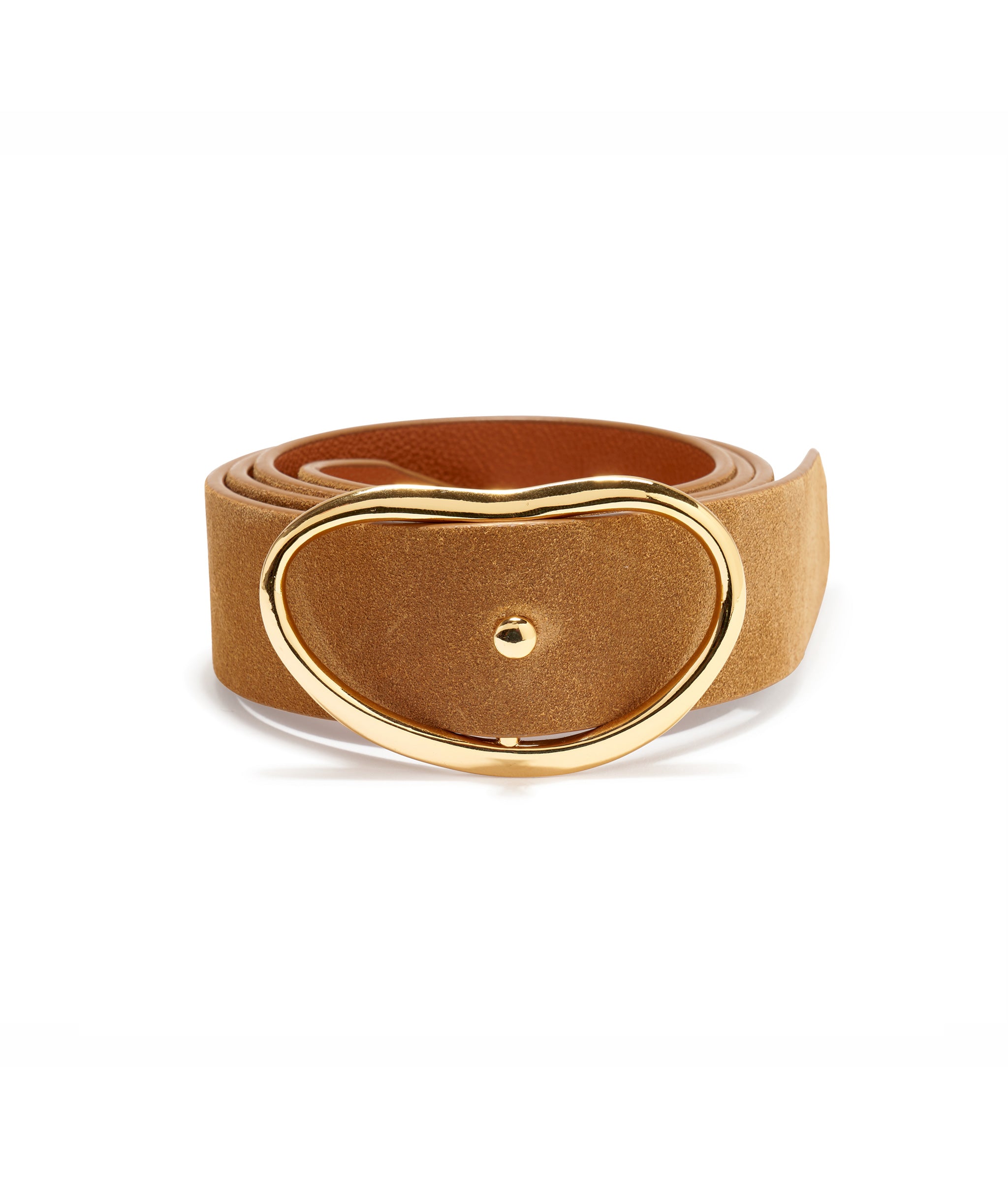 Wide Georgia Belt In Camel Suede. In wide brown suede leather with gold kidney-shaped buckle.