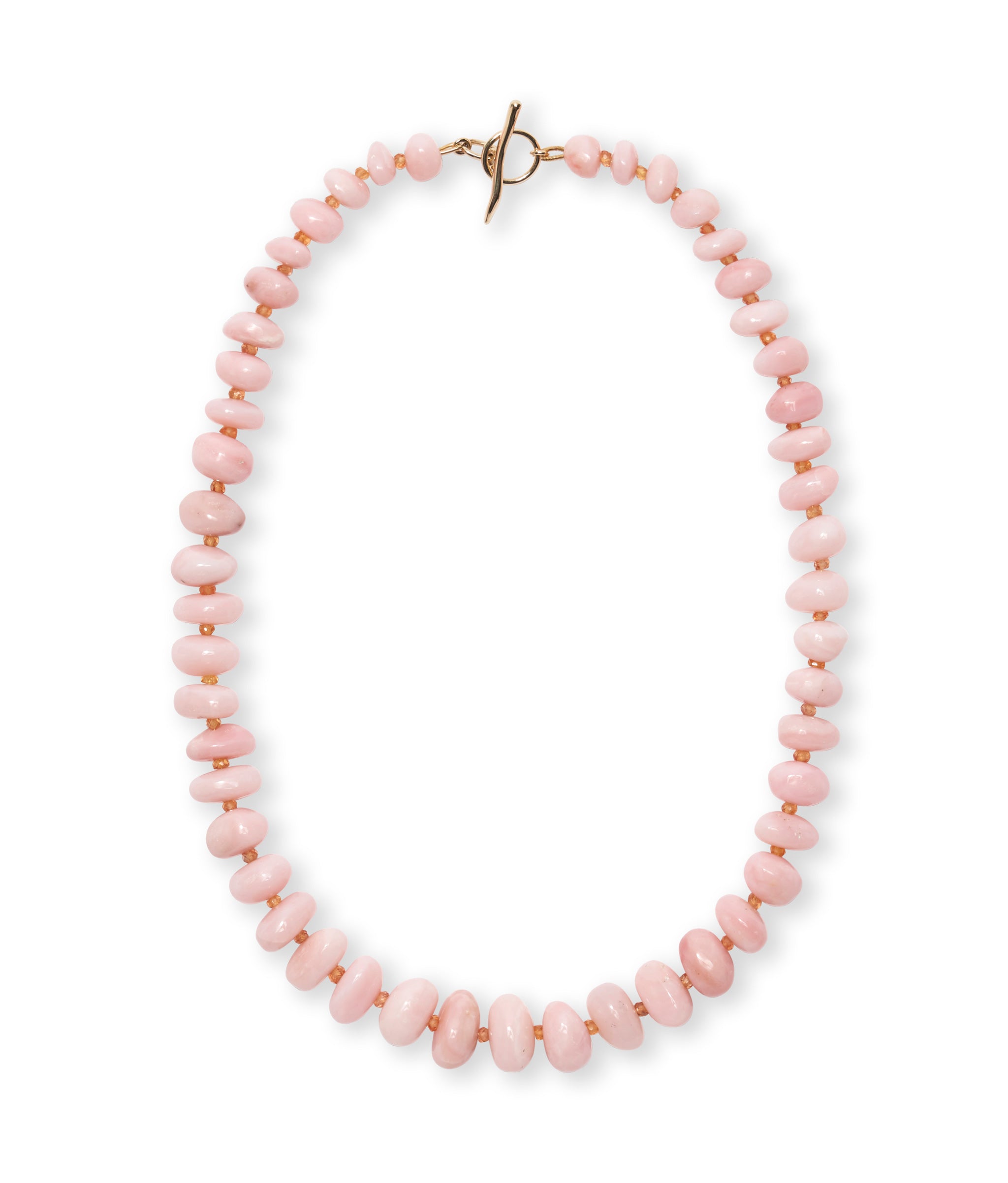 Luxe and lavish beaded necklace of pink opal nuggets and yellow sapphires, with 14k yellow gold toggle and ring closure.