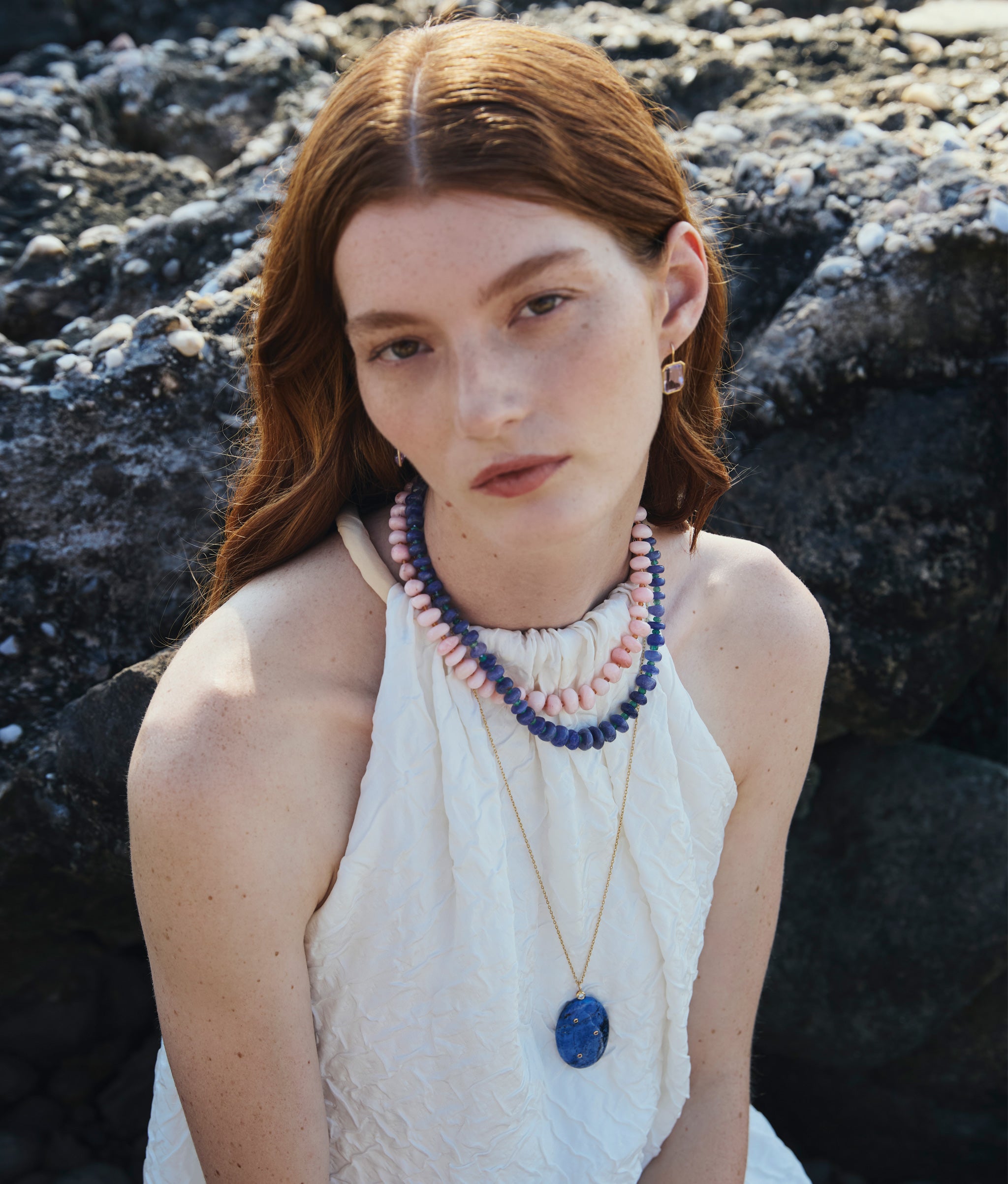 Model wears Pink Opal & Yellow Sapphire 14k Gold Necklace layered with Lizzie Fortunato's pieces.