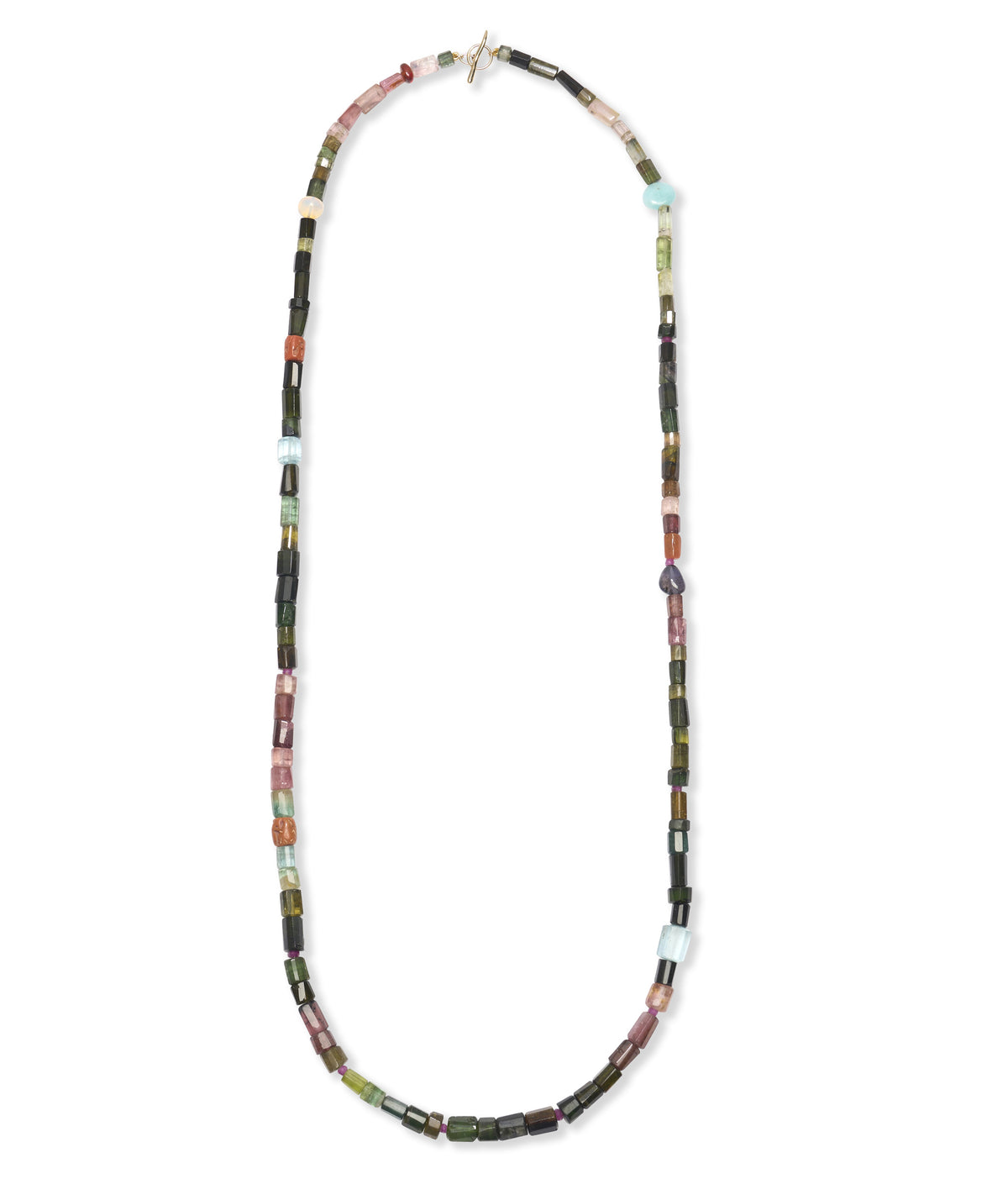 14k Gold Cabana Necklace in Watermelon Tourmaline, Coral, Aquamarine & Tanzanite