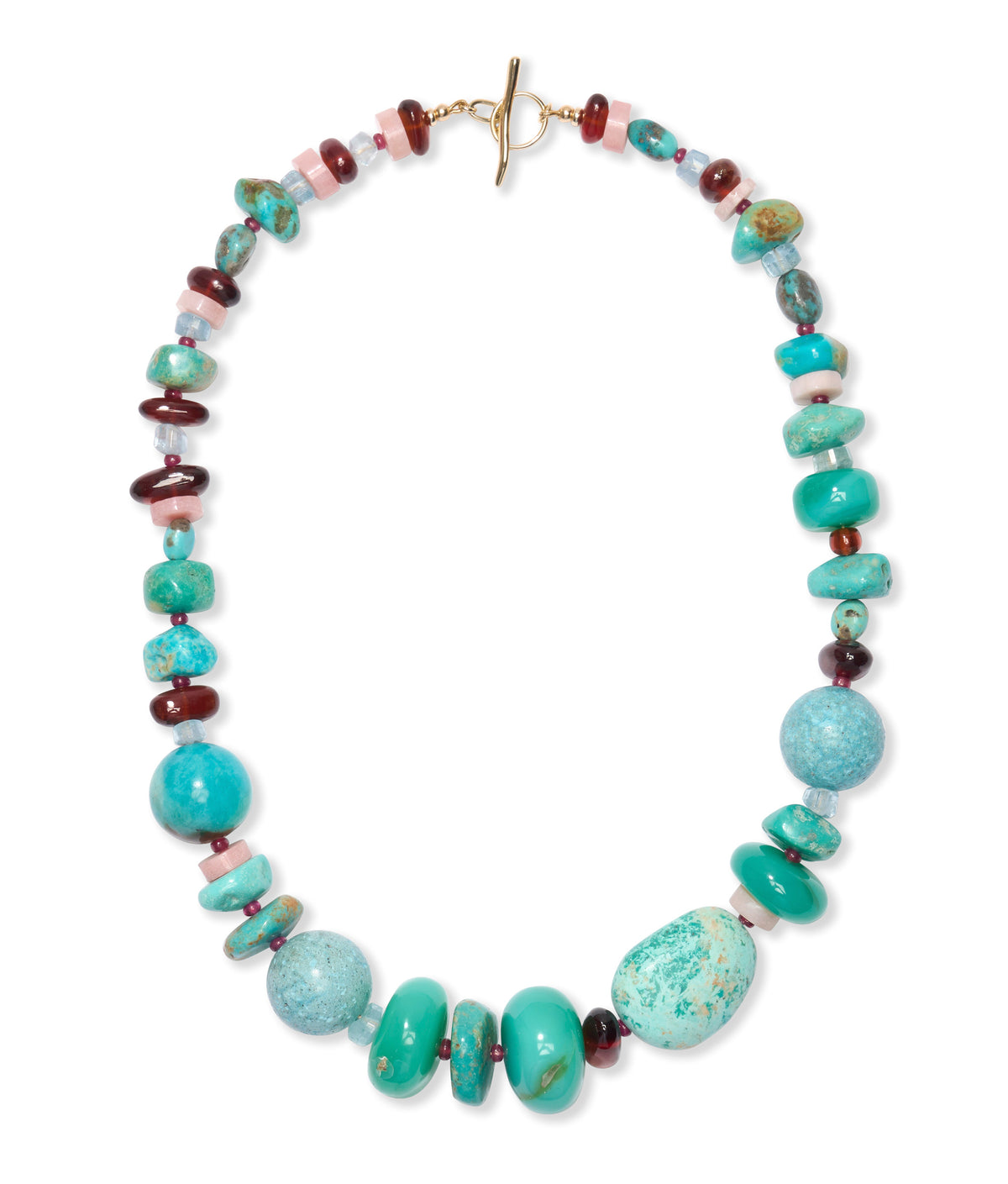 Mixed Turquoise, Chrysoprase, Aquamarine, Garnet & Semiprecious Stone 14k Gold Necklace