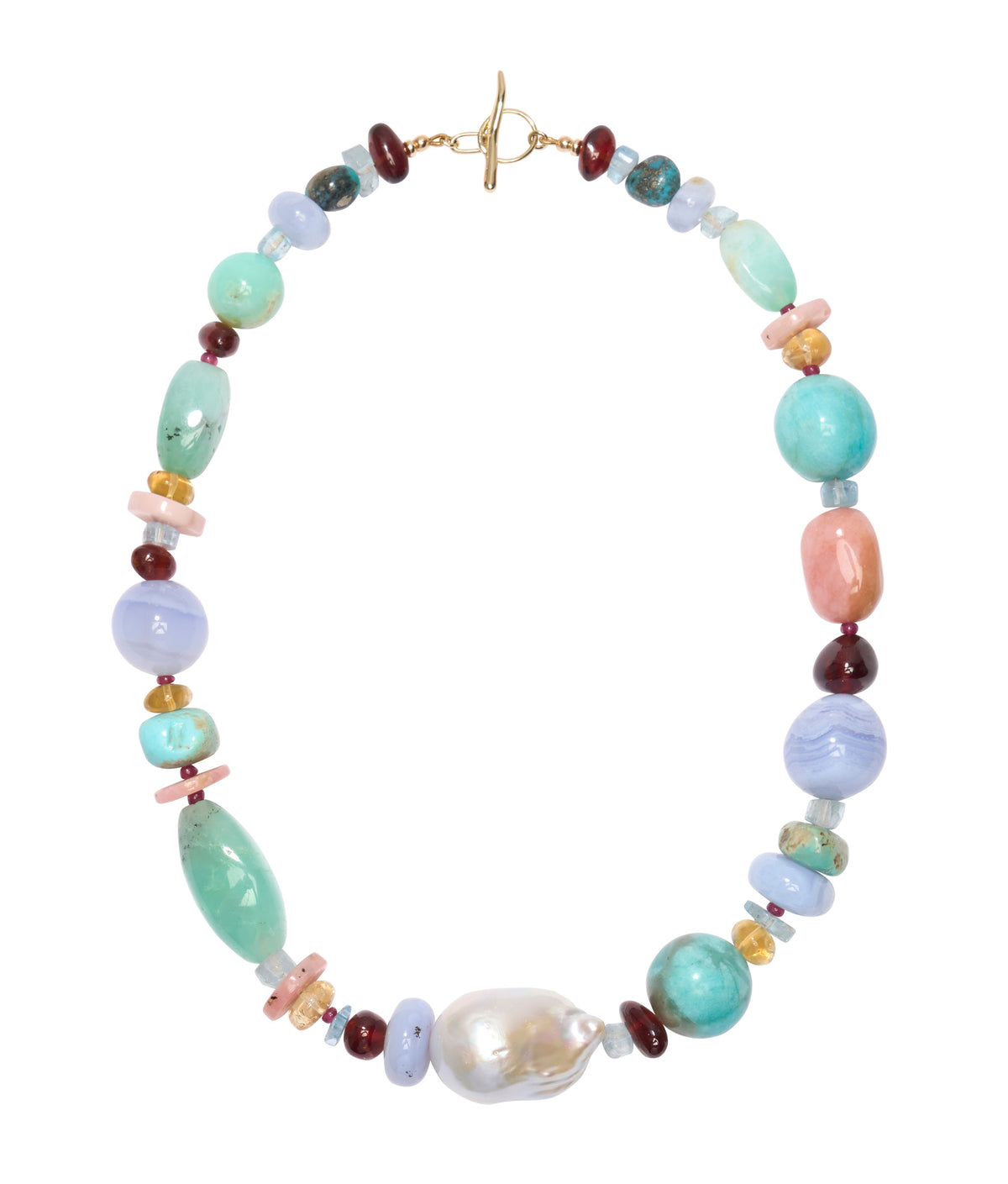 Mixed Chrysoprase, Blue Lace Agate, Freshwater Pearl & Semiprecious Stone 14k Gold Necklace
