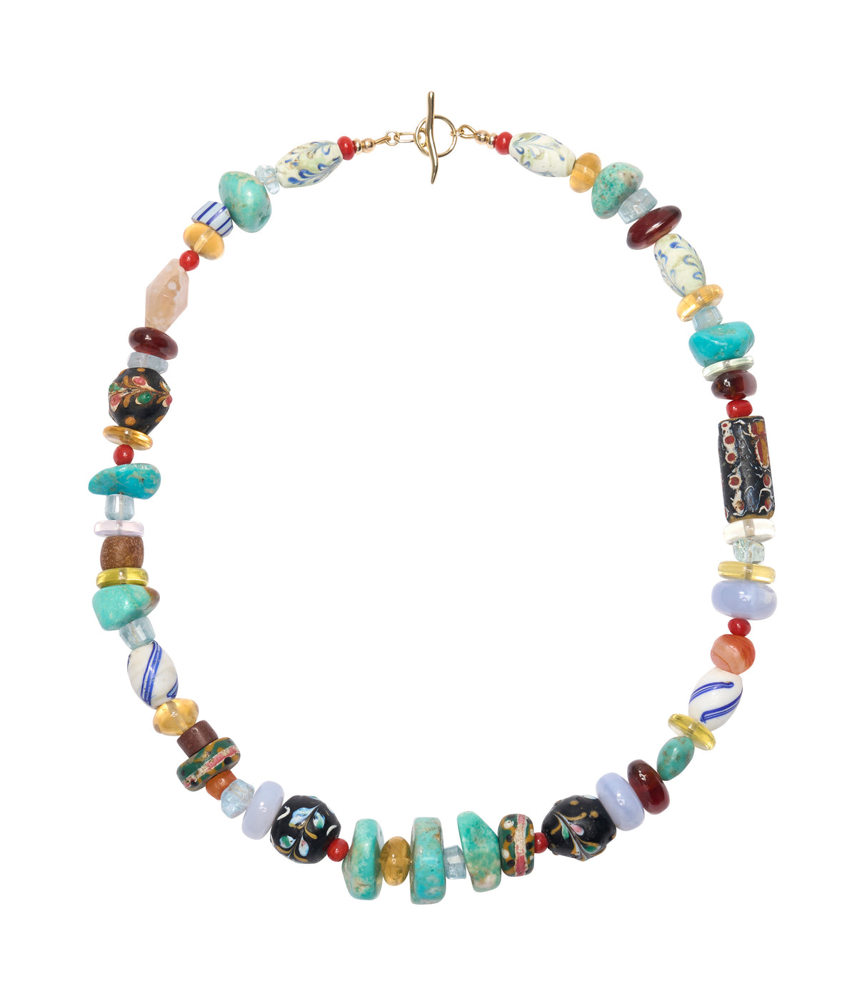 Antique Floral & Swirl Venetian Glass Bead & Semiprecious Stone 14k Gold Necklace