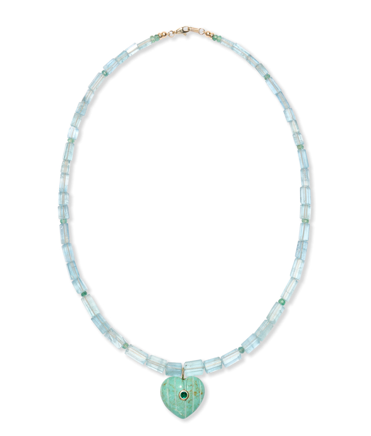Aquamarine & Emerald 14K Gold Necklace with Carved Heart Pendant
