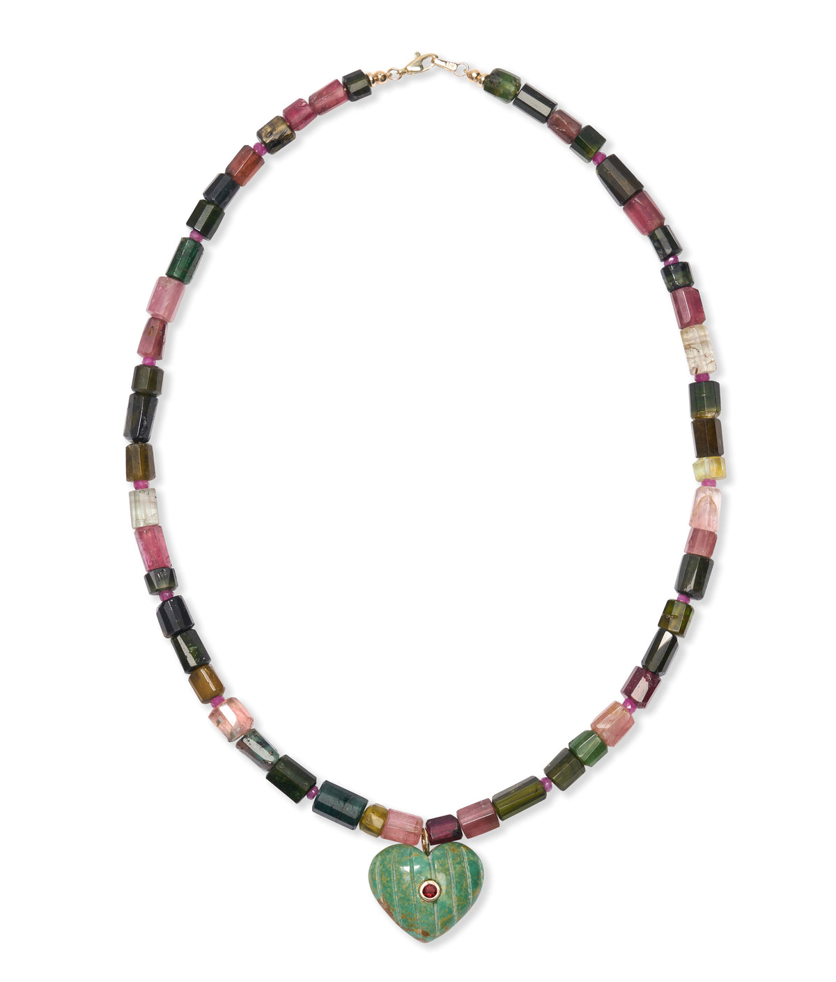 Tourmaline & Pink Sapphire 14K Gold Necklace with Carved Heart Pendant
