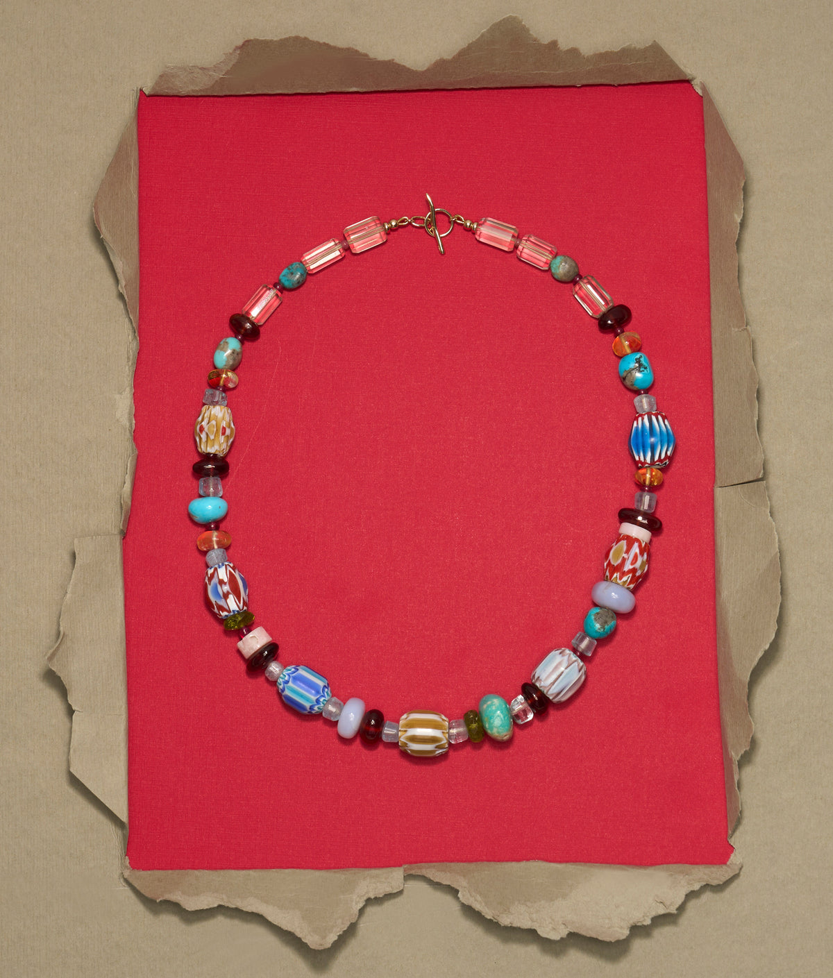 Antique Venetian Glass Bead & Semiprecious Stone 14k Gold Necklace