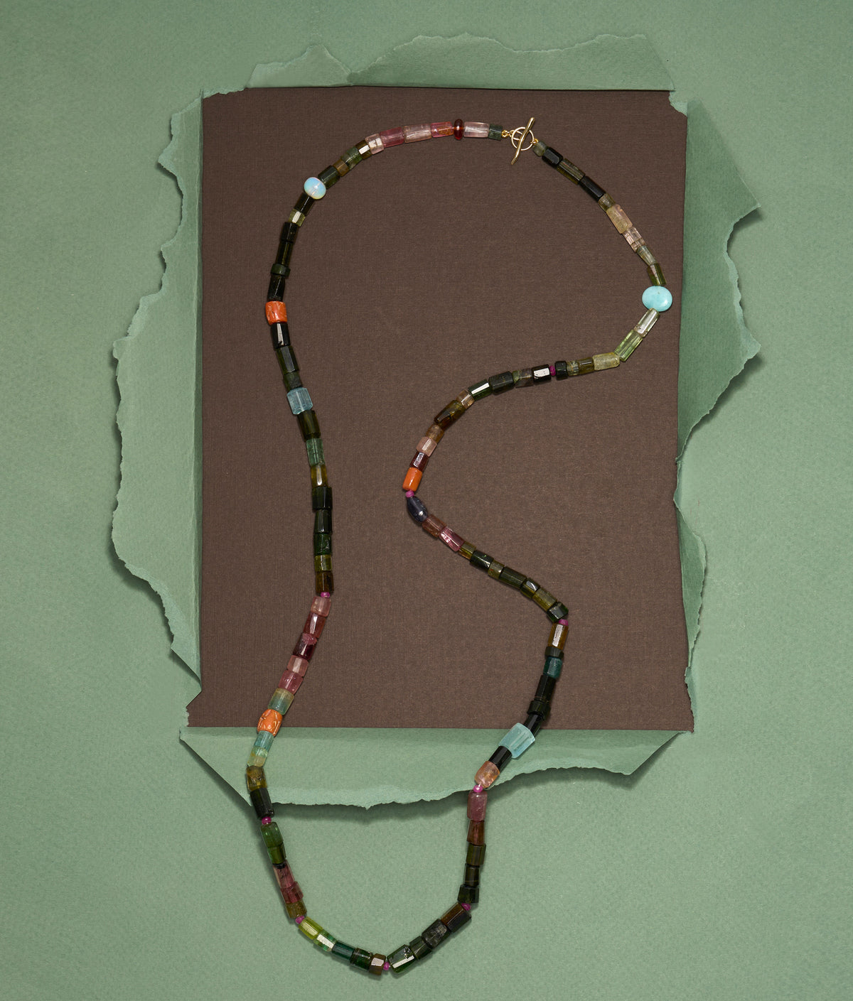 14k Gold Cabana Necklace in Watermelon Tourmaline, Coral, Aquamarine & Tanzanite
