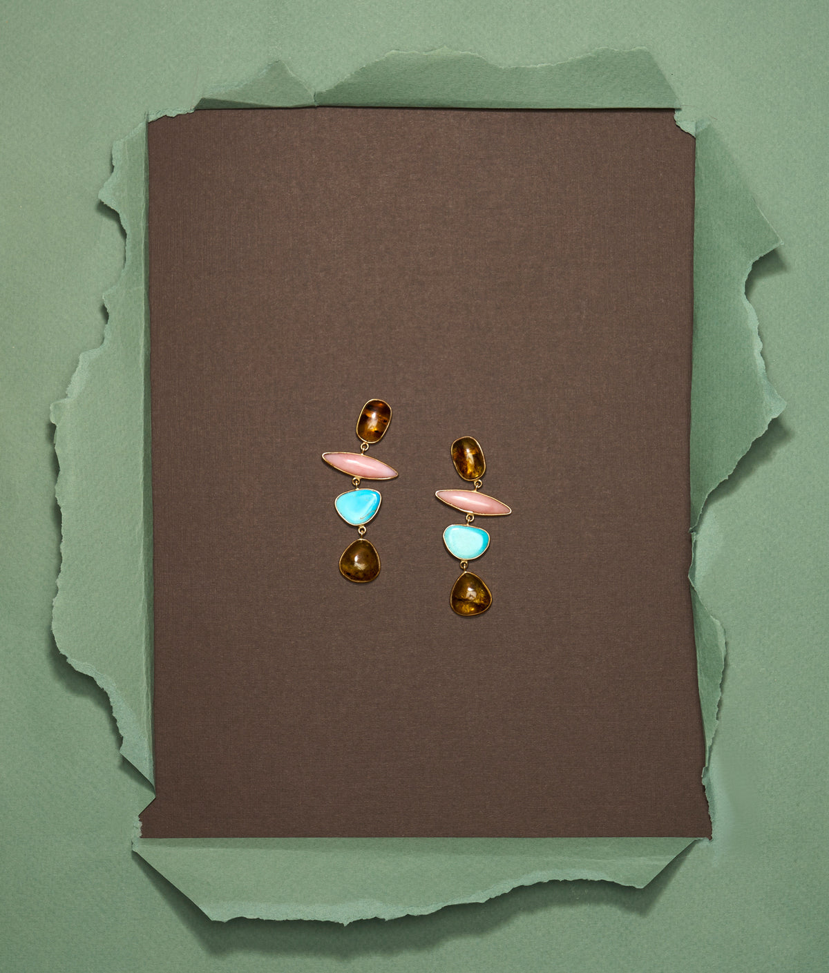 14k Gold Amber, Pink Opal & Turquoise Column Earrings
