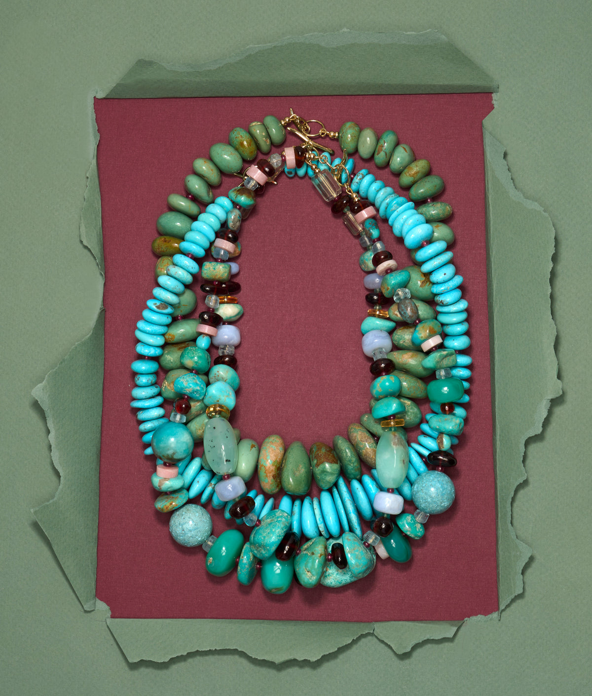 Mixed Turquoise, Garnet, Chrysoprase, Citrine & Semiprecious Stone 14k Gold Necklace