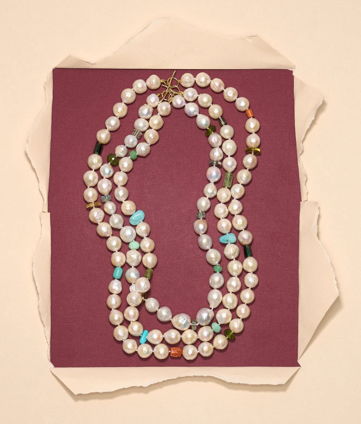 Short Pearl & Semiprecious Stone 14k Gold Necklace