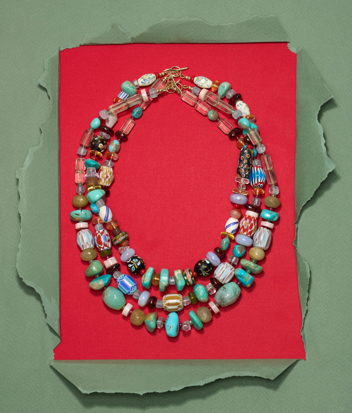 Antique Venetian Glass Bead & Semiprecious Stone 14k Gold Necklace