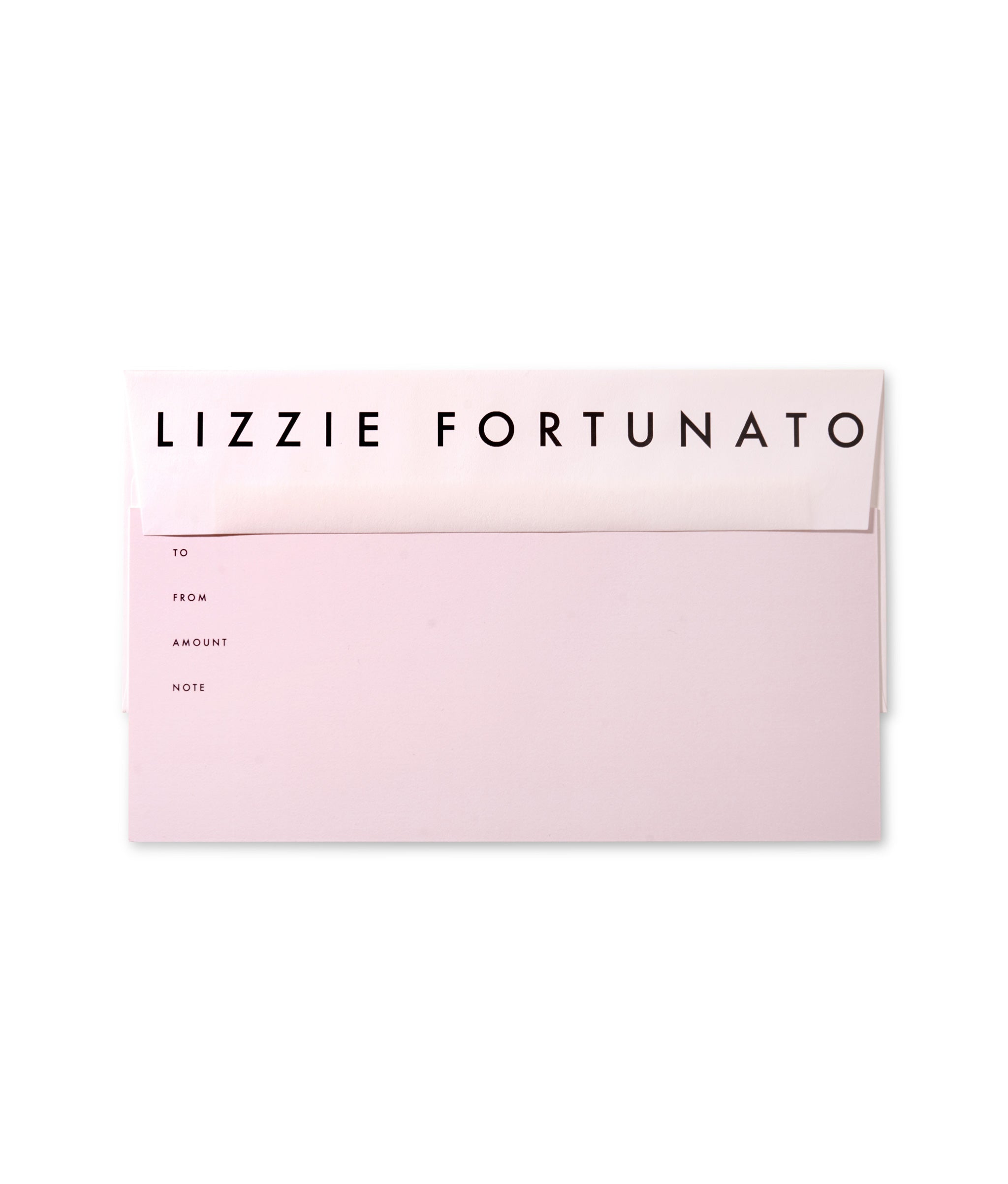 Digital Gift Card. White Lizzie Fortunato envelope with light pink rectangular gift card.