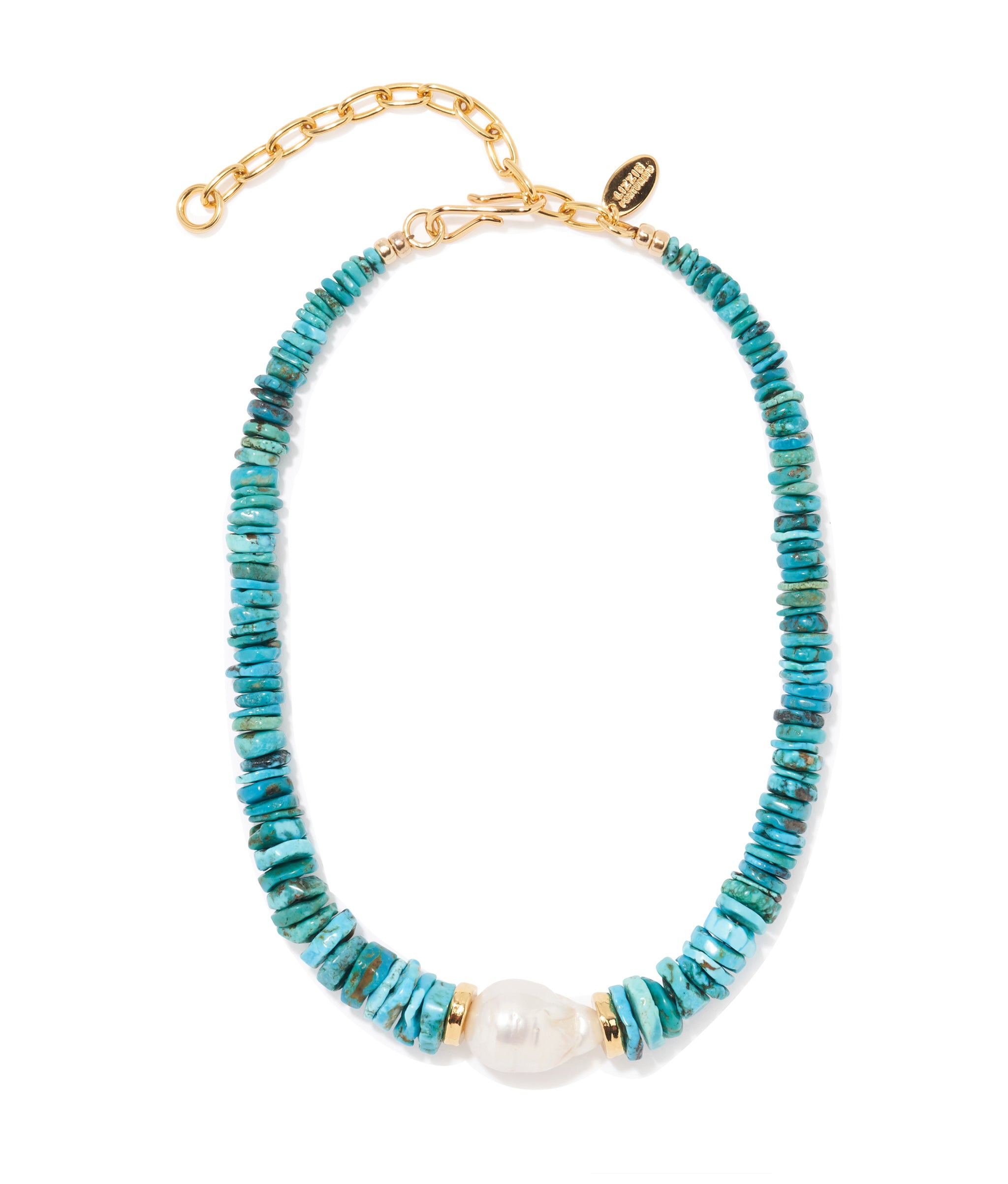 Sky Stone Necklace. Beaded necklace with natural turquoise and large baroque freshwater pearl.