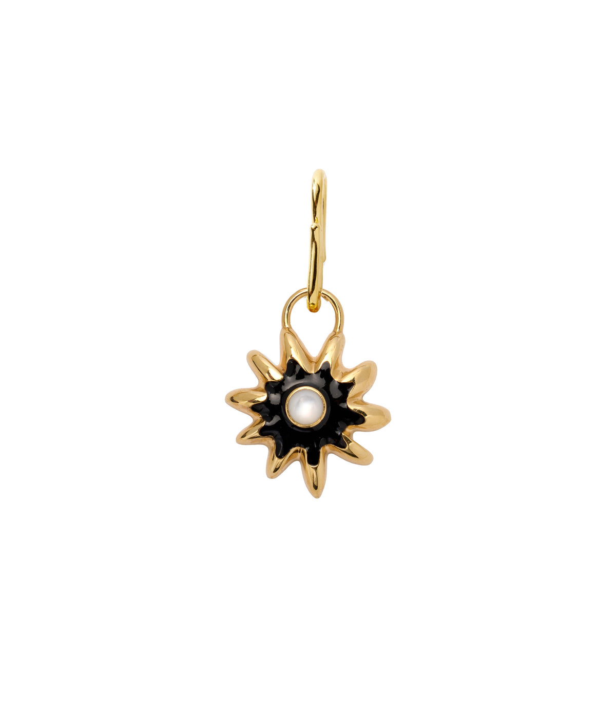 Helios Charm in Onyx. Multi-sided abstract gold star charm with black enamel and mother-of-pearl cabochon.