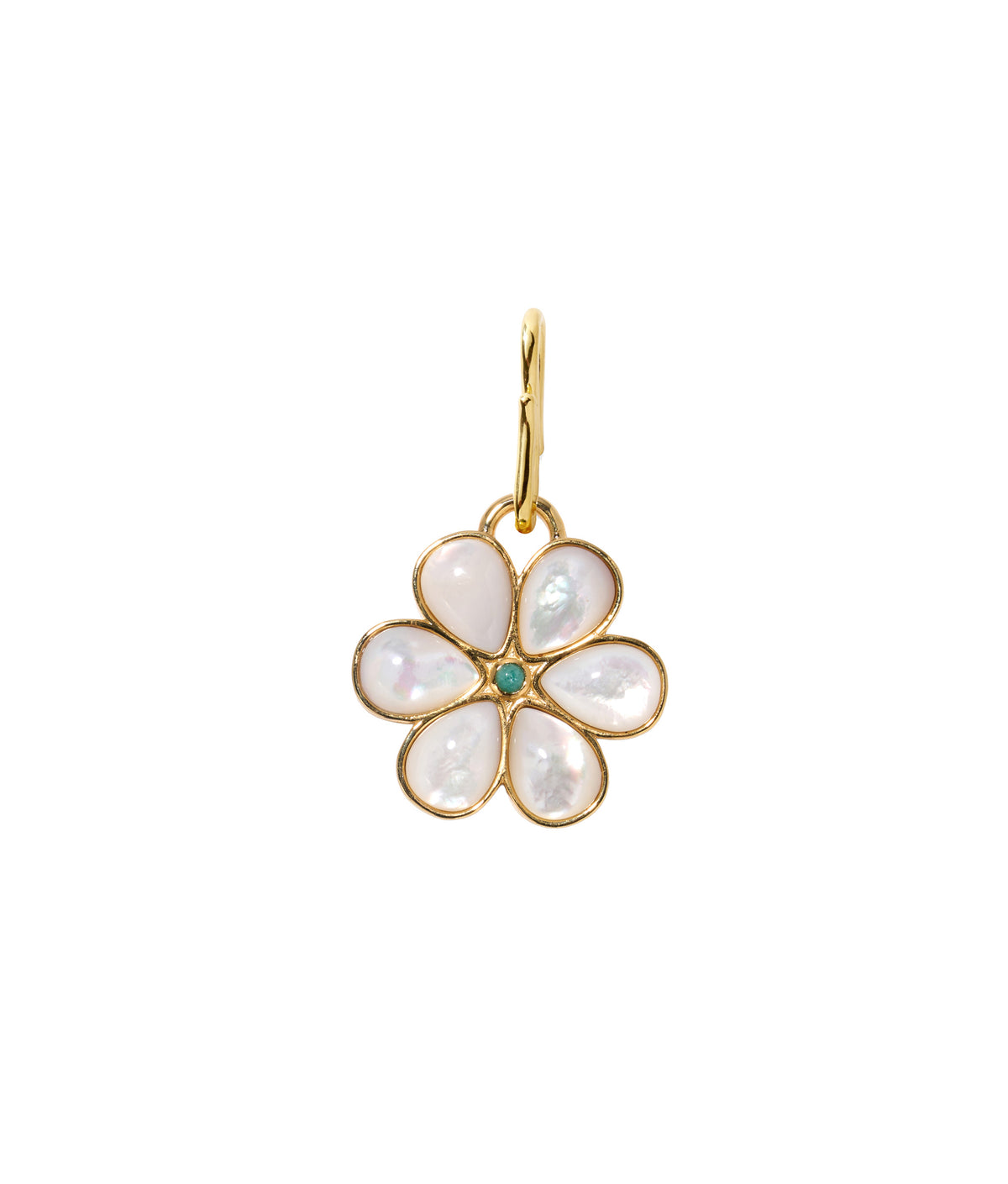 Daisy Pendant in Mother-of-Pearl. Segmented gold flower charm inlaid with mother-of-pearl and amazonite cabochon.