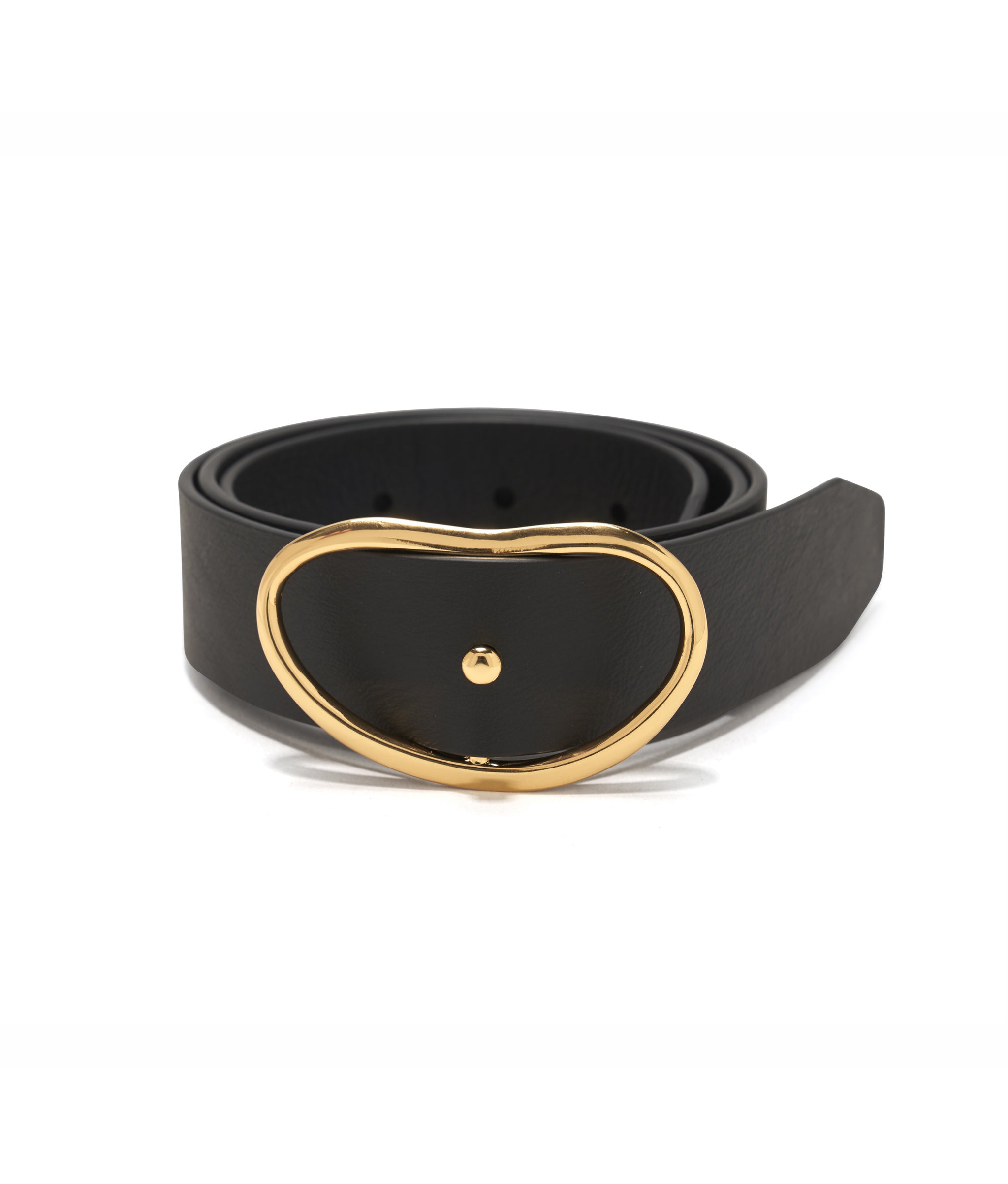 Wide Georgia Belt in Black. Thick black leather belt with gold-plated kidney-shaped buckle.