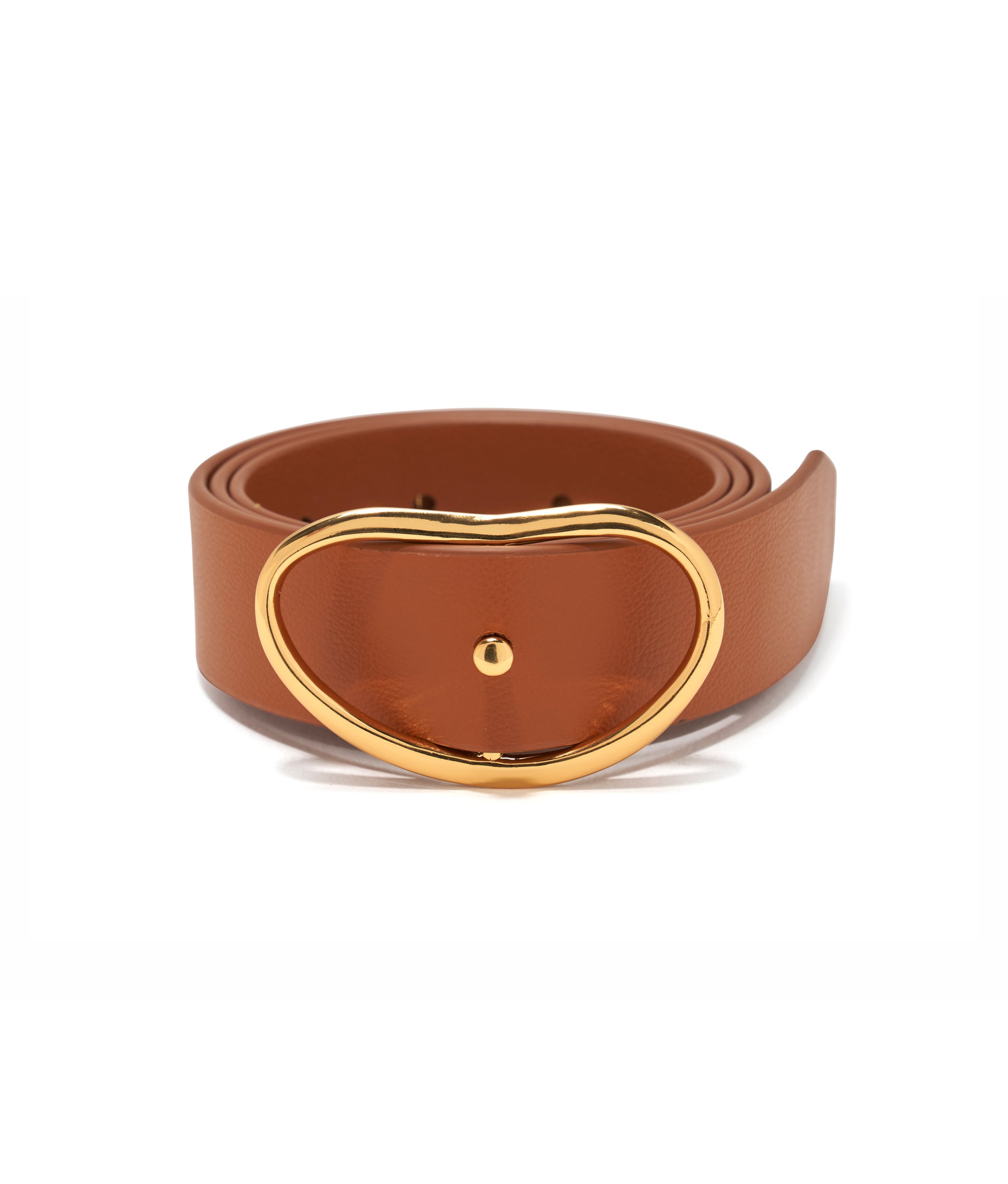 Wide Georgia Belt In Tan. Thick tan leather belt with gold-plated brass kidney-shaped buckle.