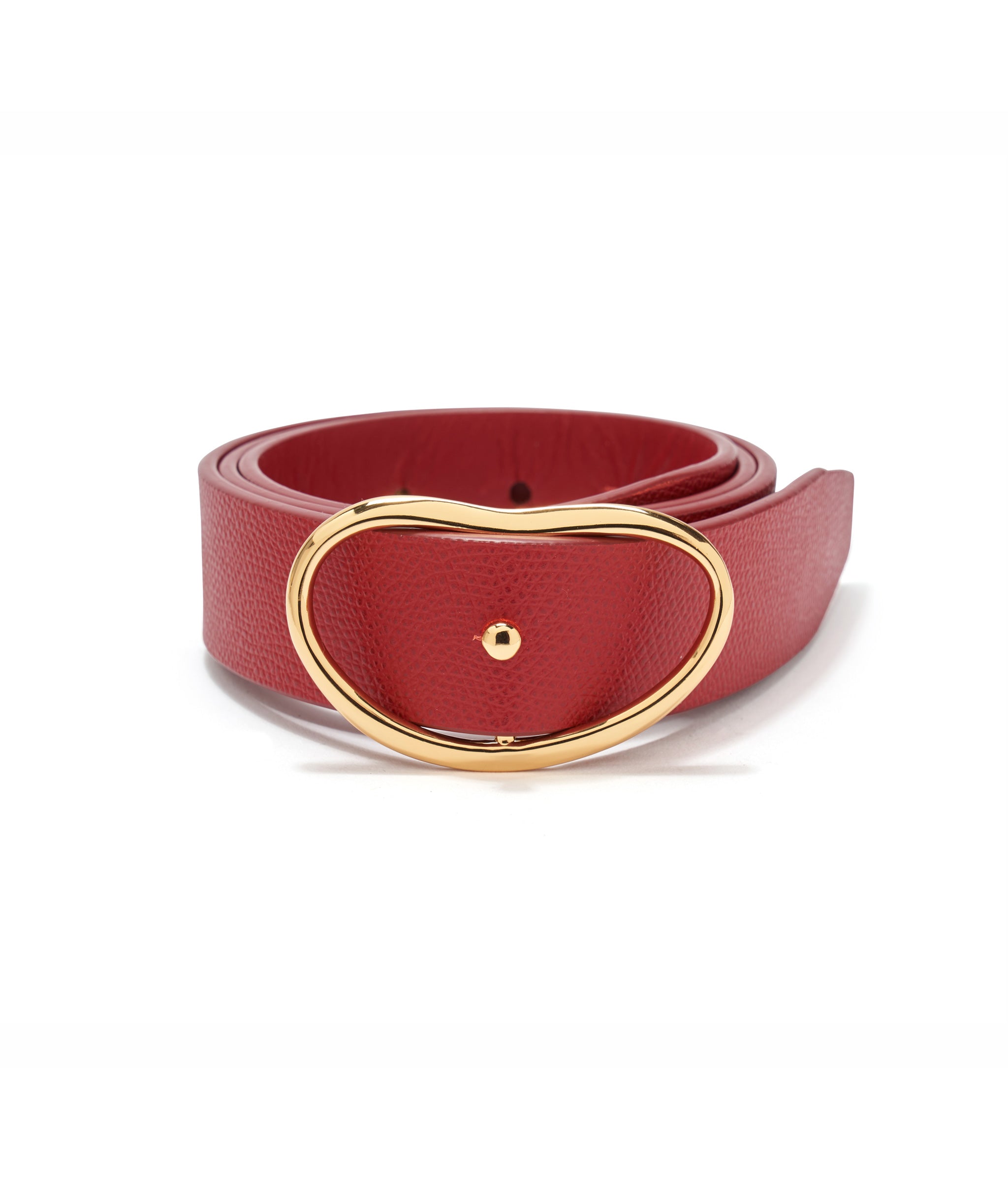 Wide Georgia Belt in Red. In wide red leather with gold kidney-shaped buckle.