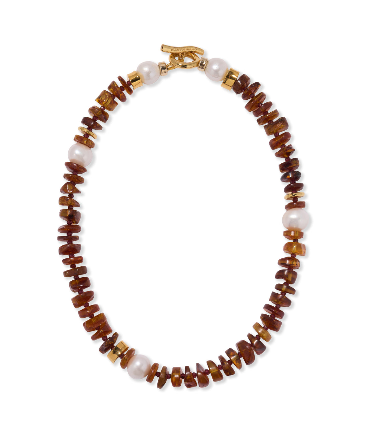 Mood Necklace in Amber. Single strand of amber heishi beads with pearl accents and gold toggle.