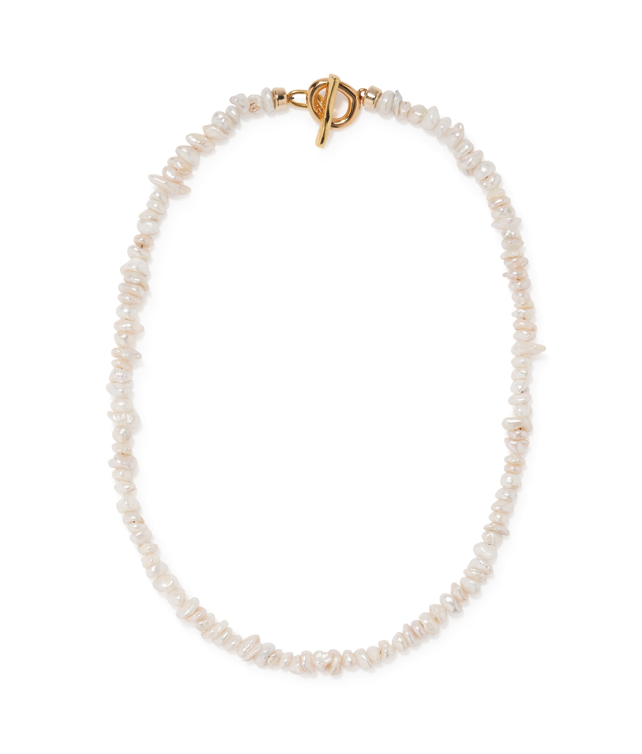 Mood Necklace in Pearl. Single-strand of keshi pearls with gold-plated brass toggle closure.