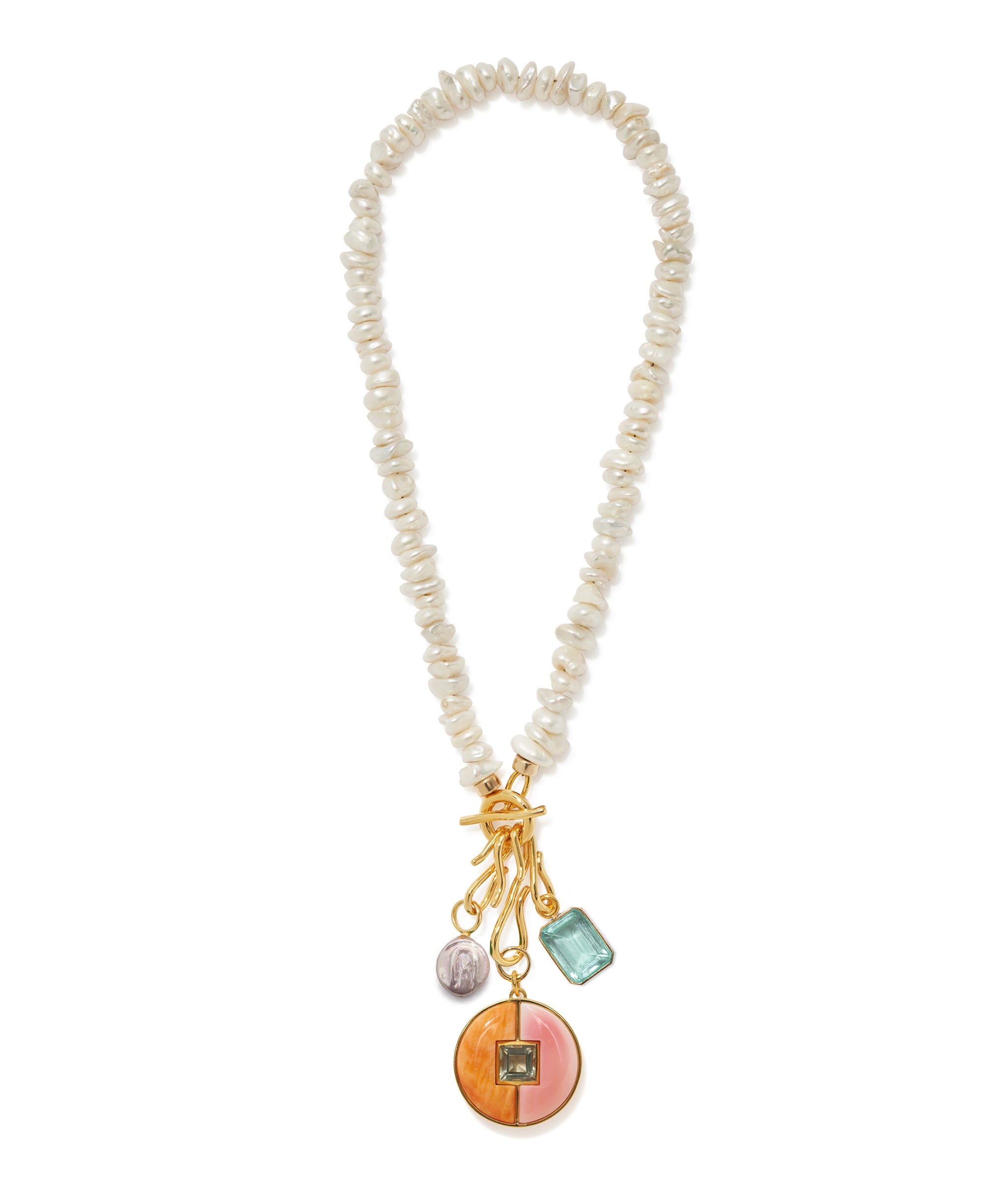 Mood Necklace in Pearl with Porto Pendant in Sorbet, Pink Coin Pearl and Candyland charm in Aquamarine.
