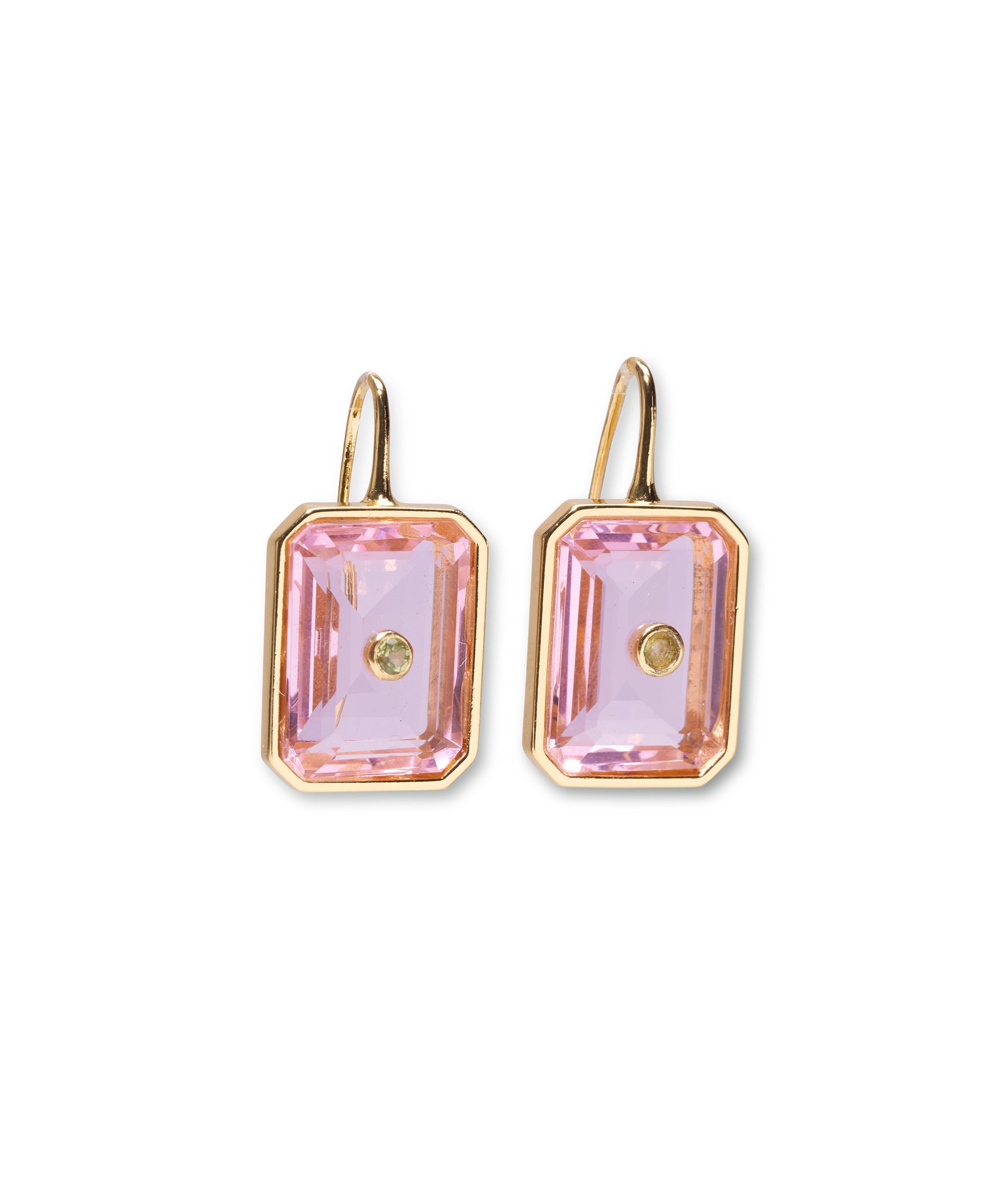 Tile Earrings in Pale Pink. Gold-plated earwires with light pink rectangular glass stones and tiny peridot gems.