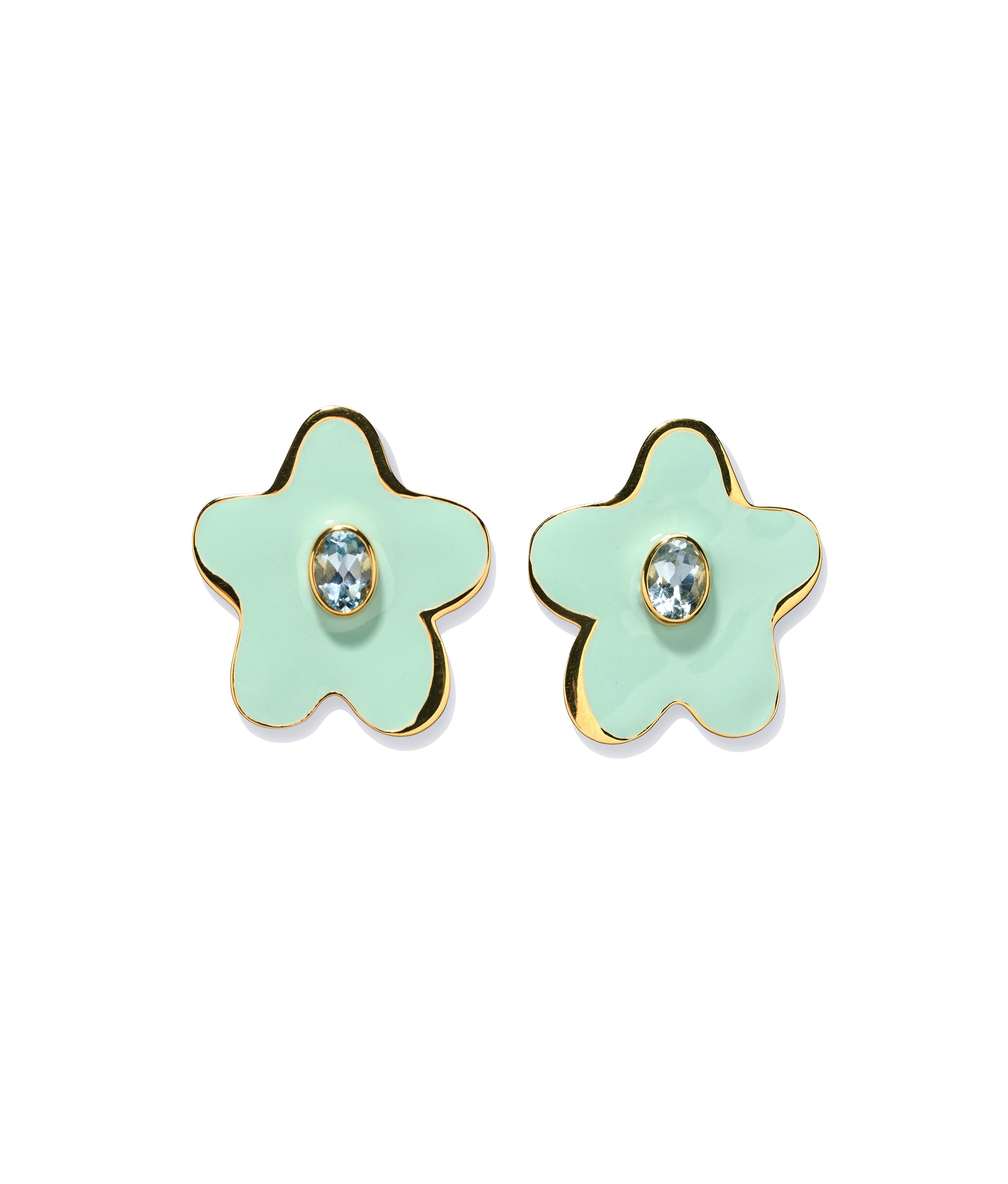 Camilo Stud Earrings in Mint. Gold-plated brass and enameled abstract flowers, with inlaid sky blue topaz stones.