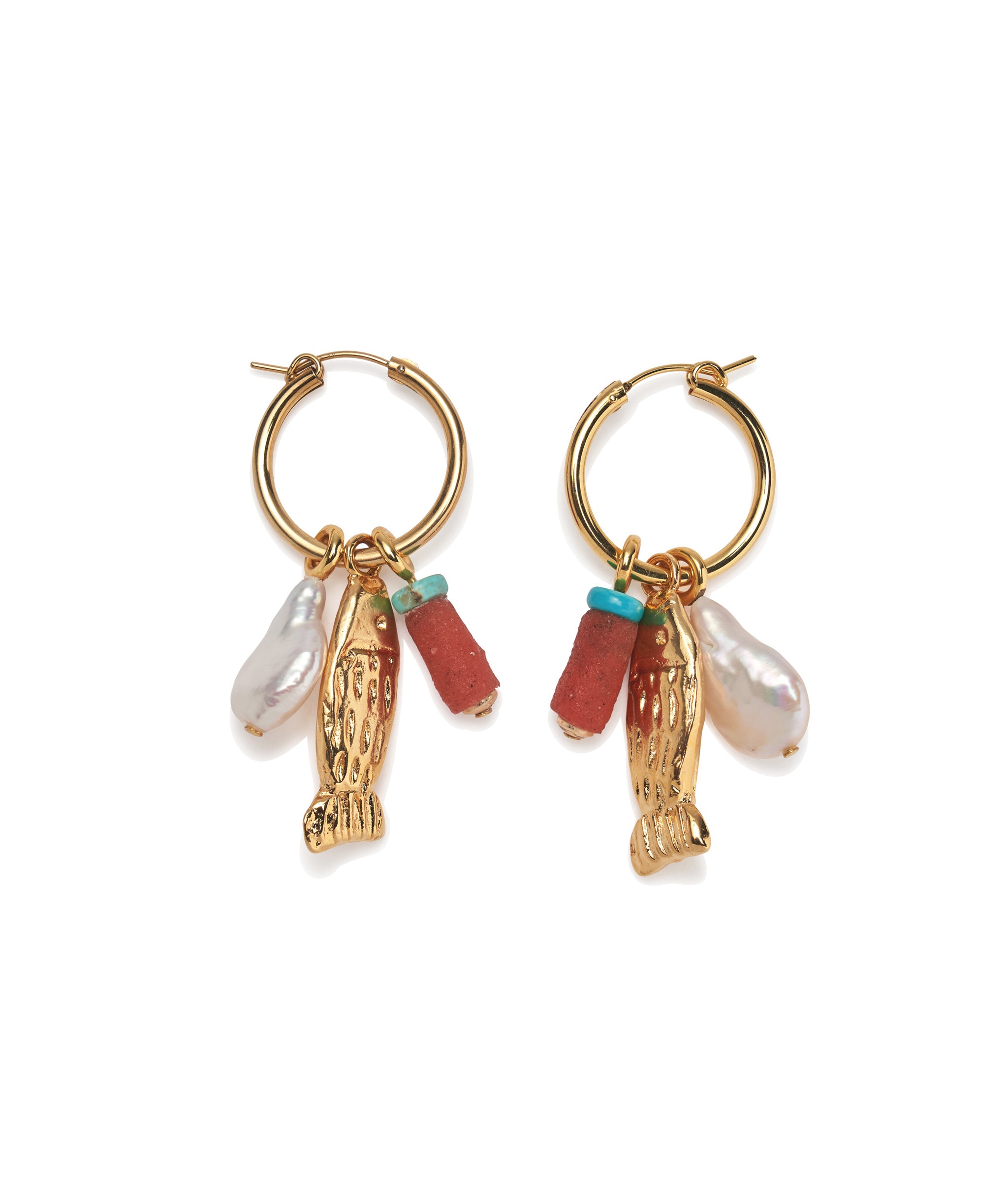 Minnow Hoop Earrings. Gold hoop with gold minnow pendant, pearl drop, and coral and blue bead drop.
