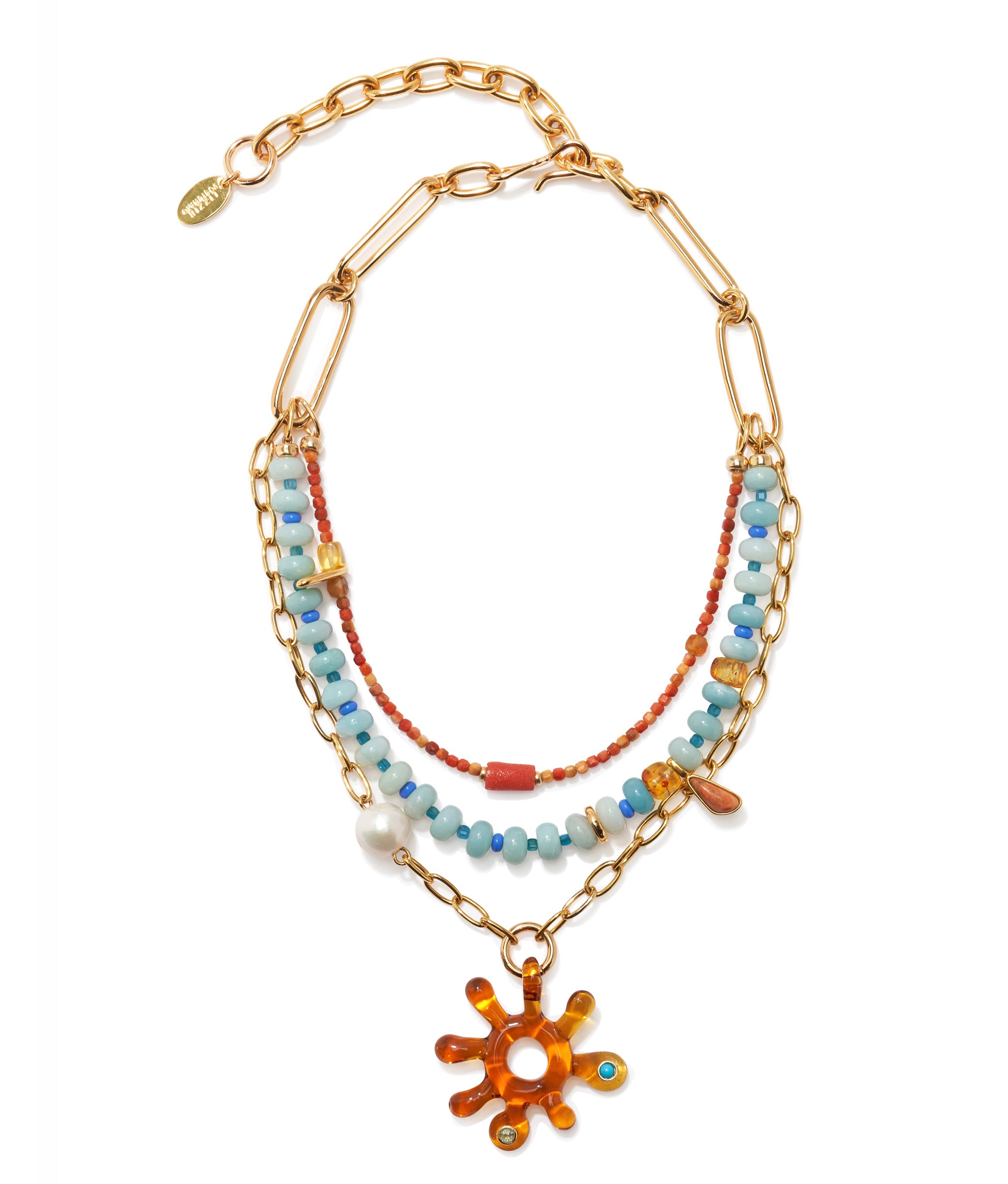 Sunburst Necklace with gold-plated chain, amazonite, apatite, coral, pearls, citrine, amber, and a sunburst pendant.