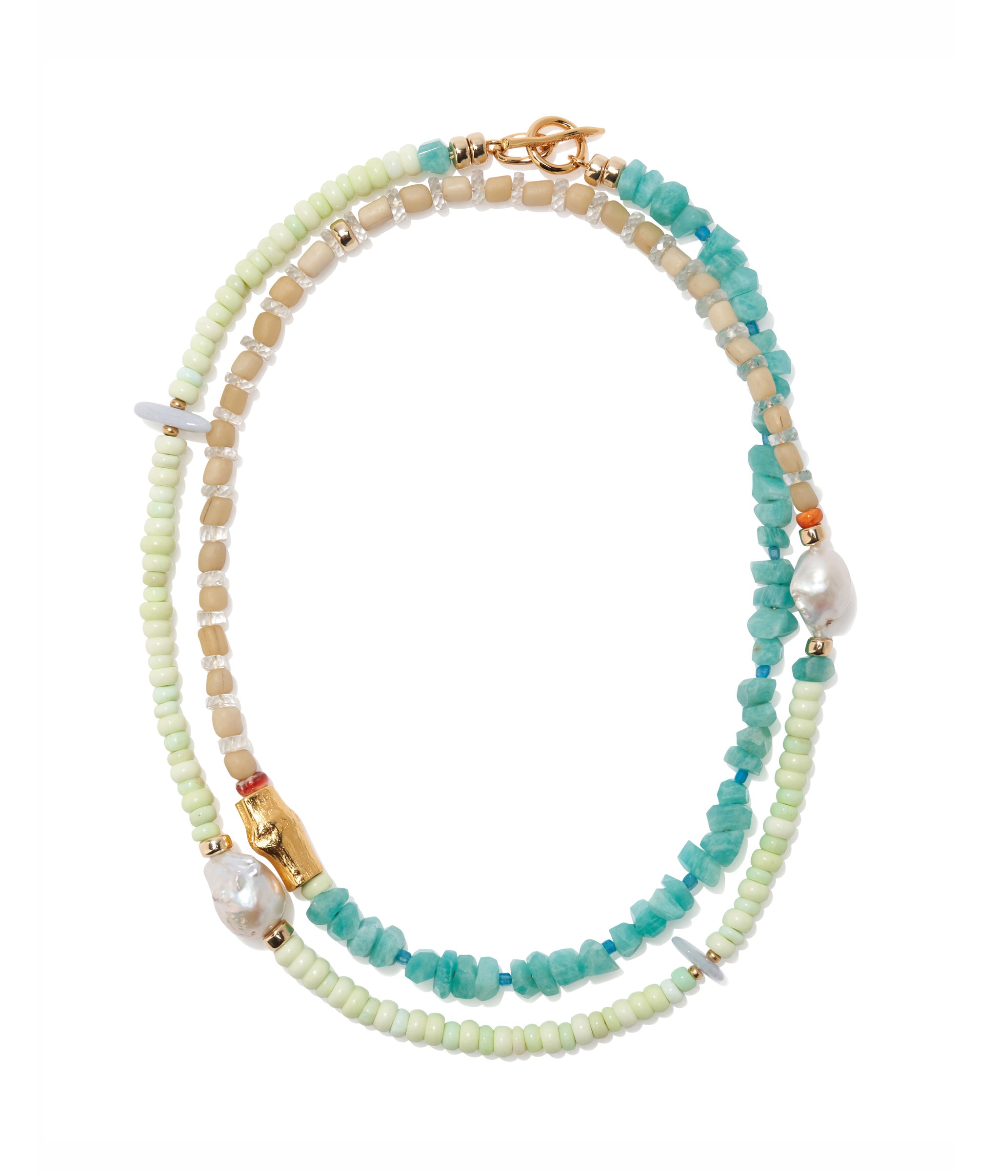 Cabana necklace in honeydew with amazonite, apatite, quartz, pearl & more. Wear long or double for a collar look.