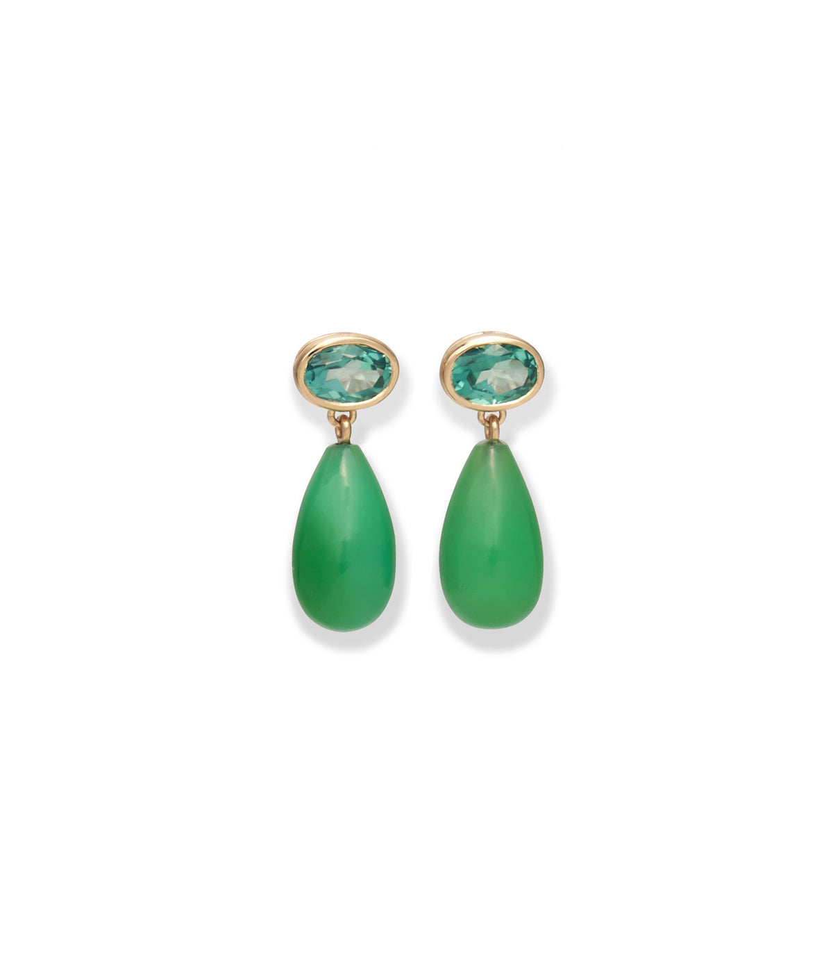 14k Gold Drop Earrings in Green Topaz & Chrysoprase on a black background