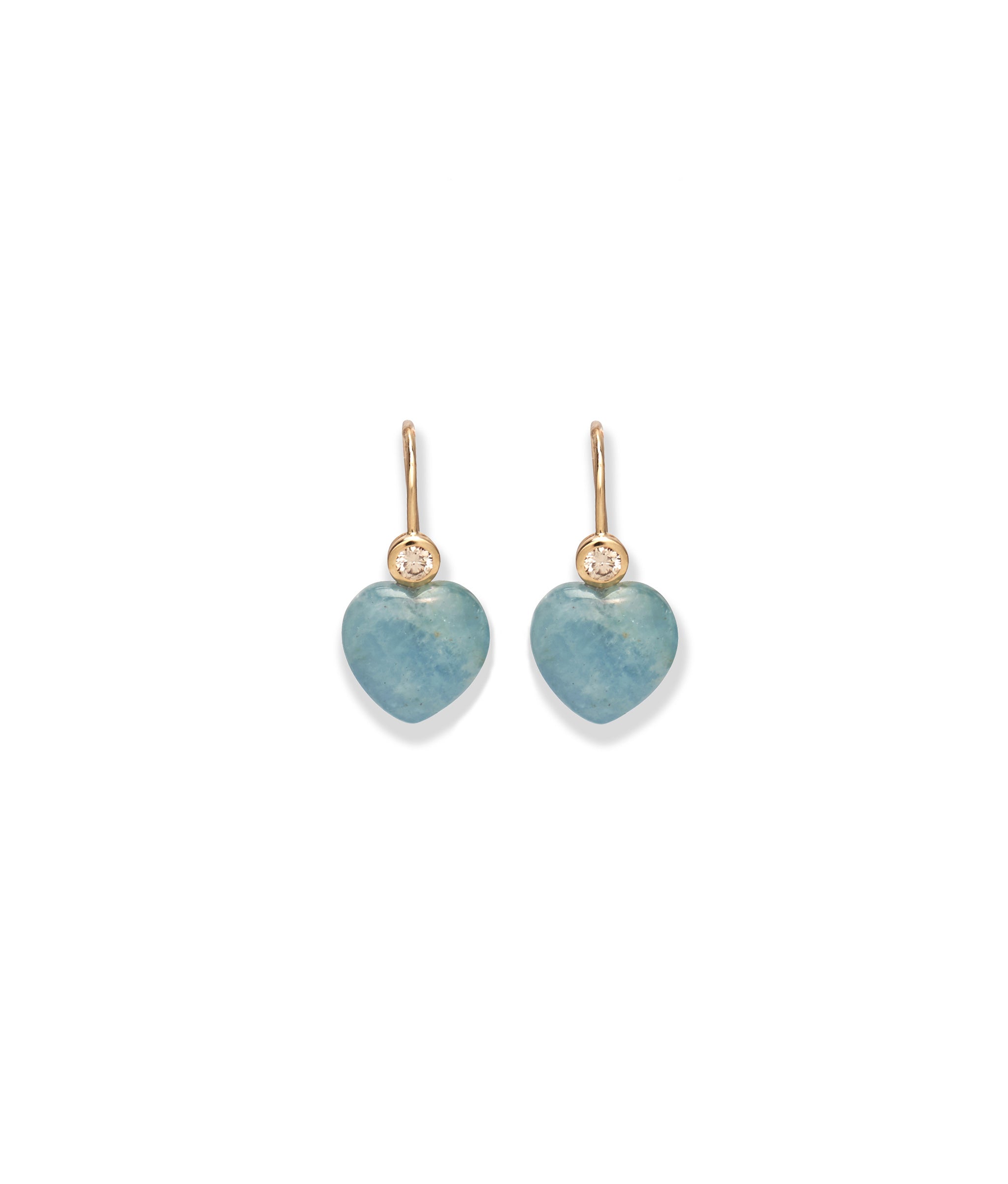 14k Gold Amor Earrings in Diamond & Aquamarine on a blank background.