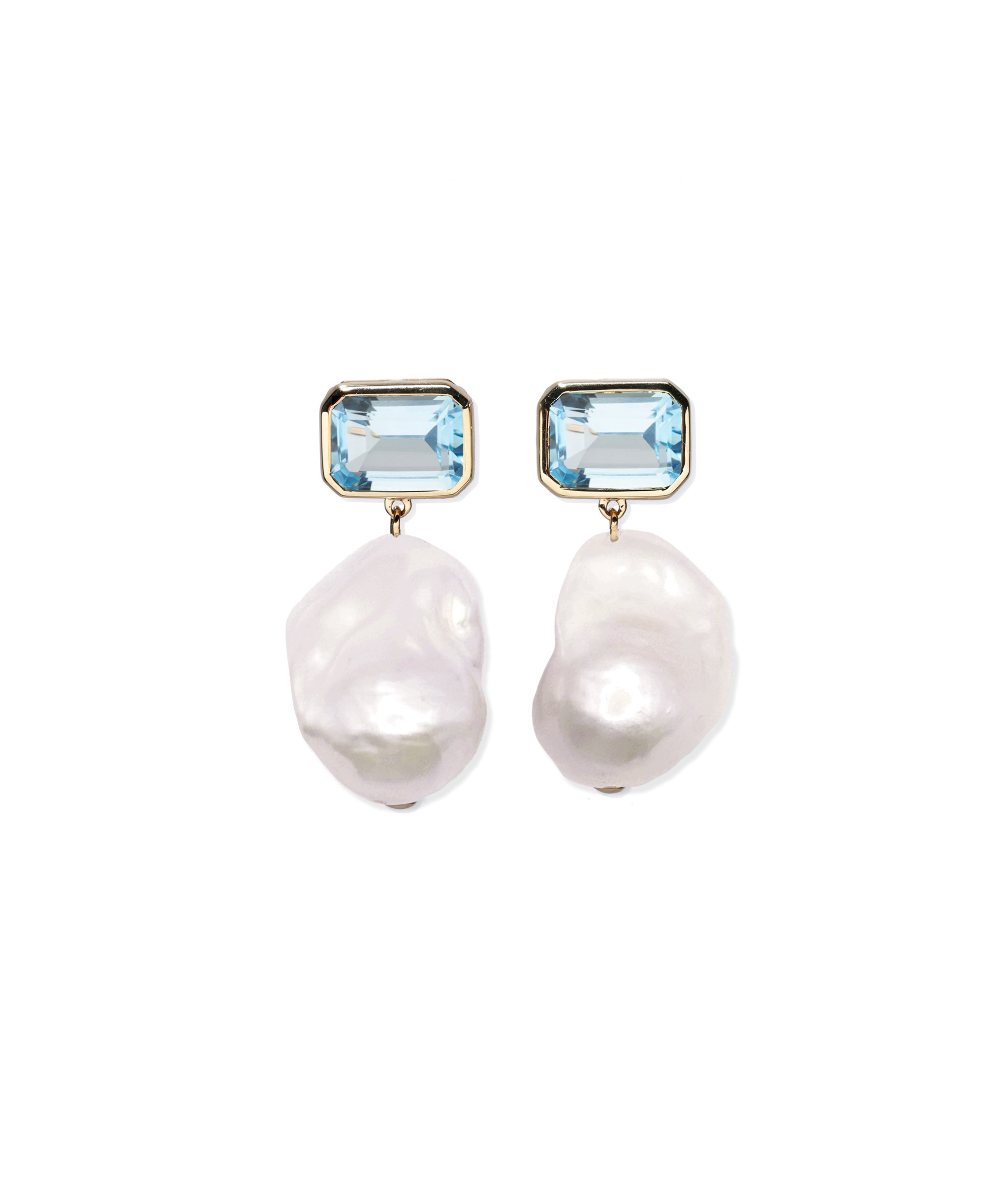 14k Gold Juno Earrings in Sky Blue Topaz. Pair with alternate-shaped pearls.